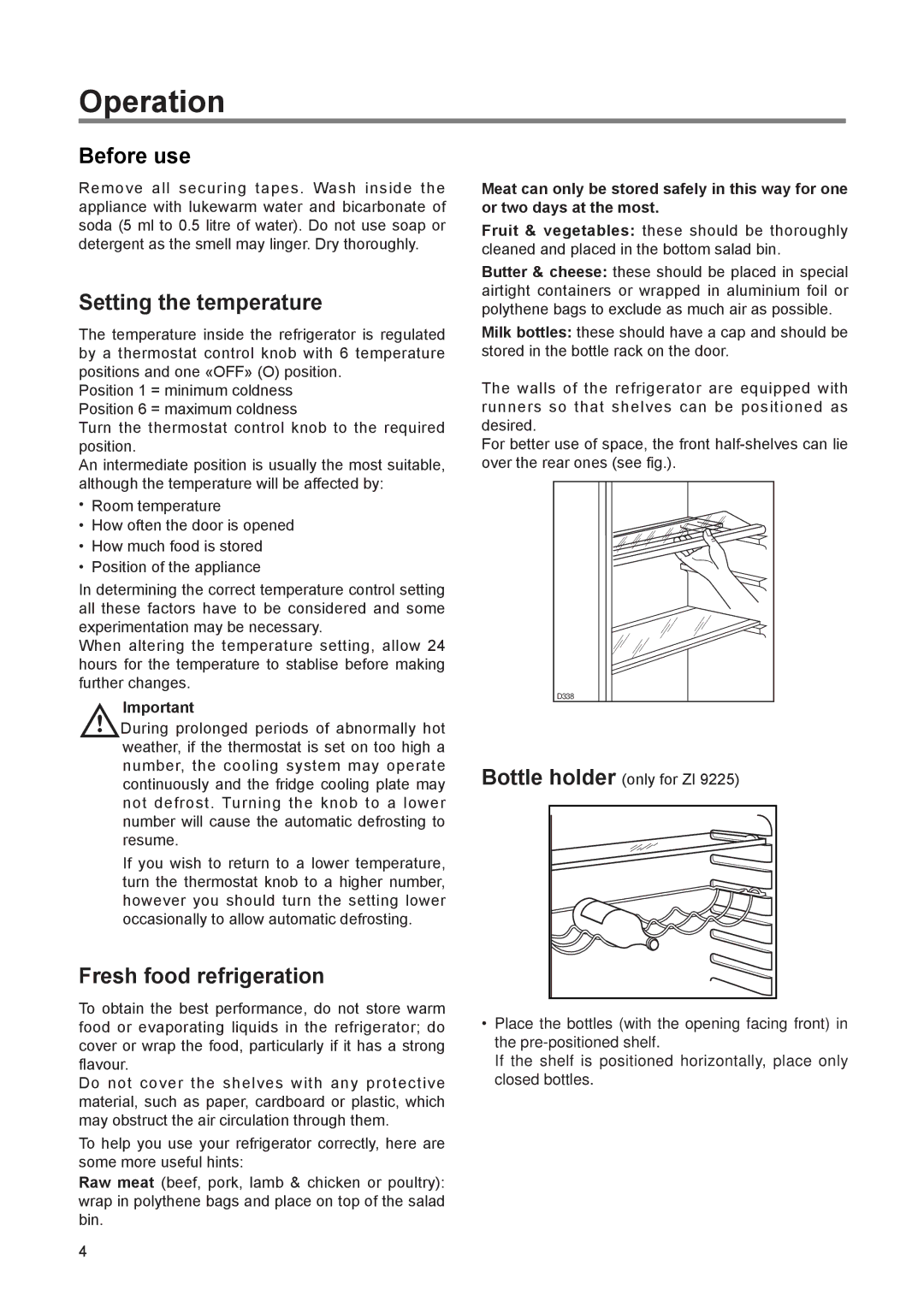 Zanussi ZI 9155, ZI 9225 manual Operation, Before use, Setting the temperature, Fresh food refrigeration 