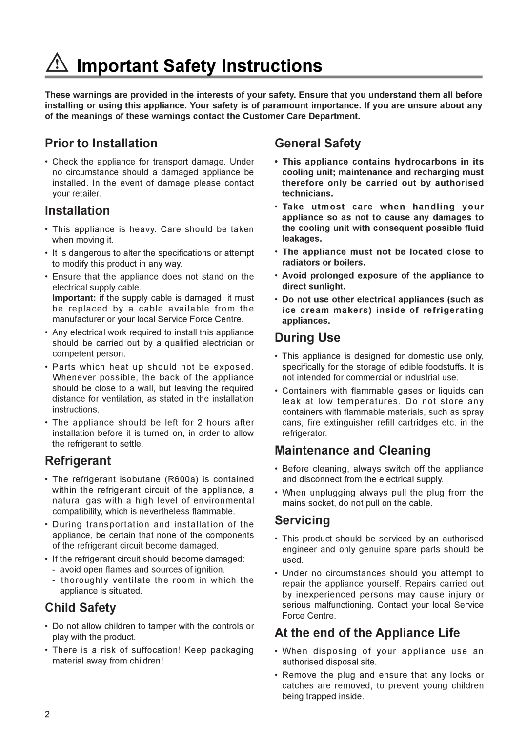 Zanussi ZI 9155 Important Safety Instructions, Prior to Installation, Refrigerant, Child Safety, General Safety, Servicing 