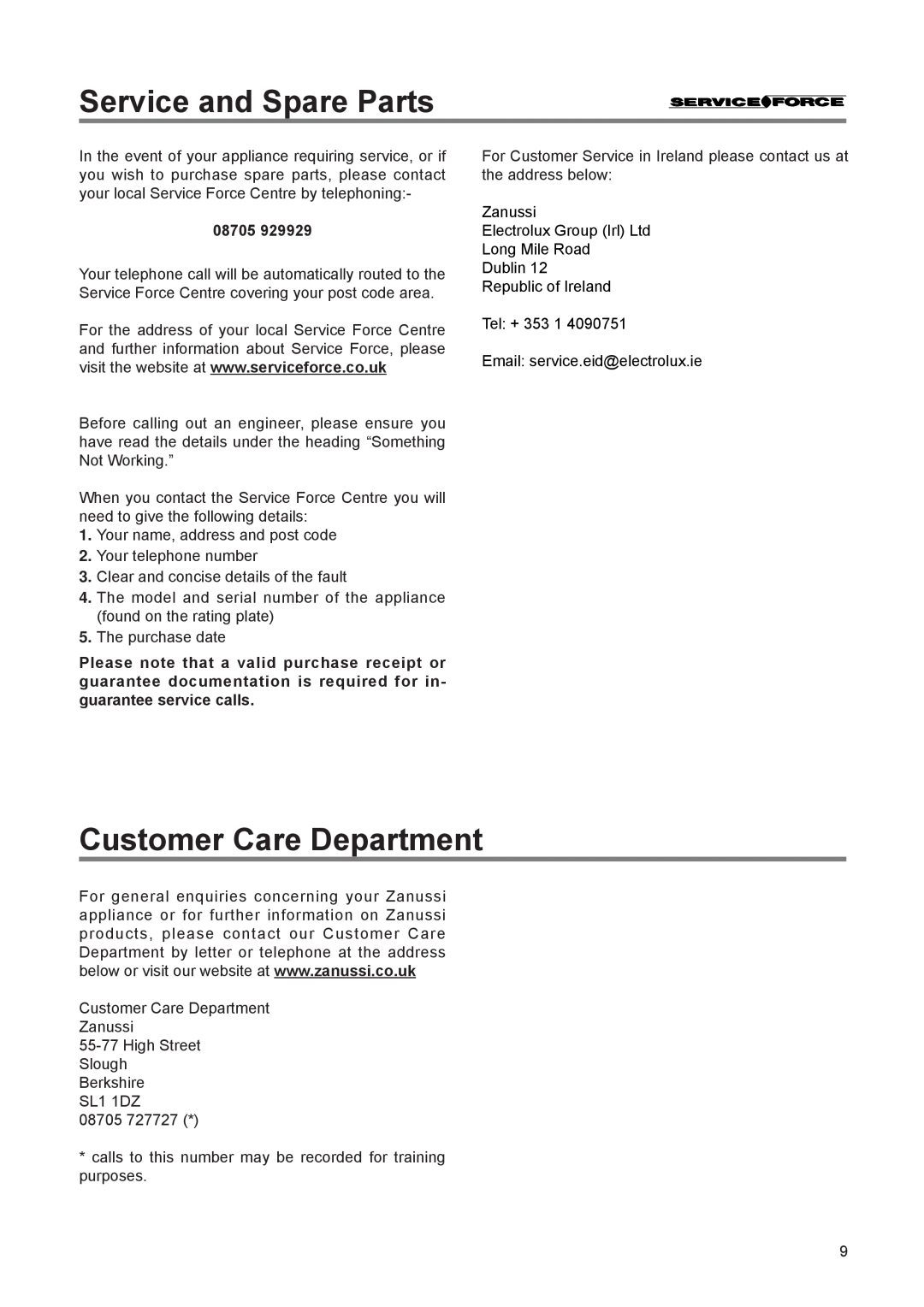 Zanussi ZI 9225, ZI 9155 manual Service and Spare Parts, Customer Care Department, 08705 