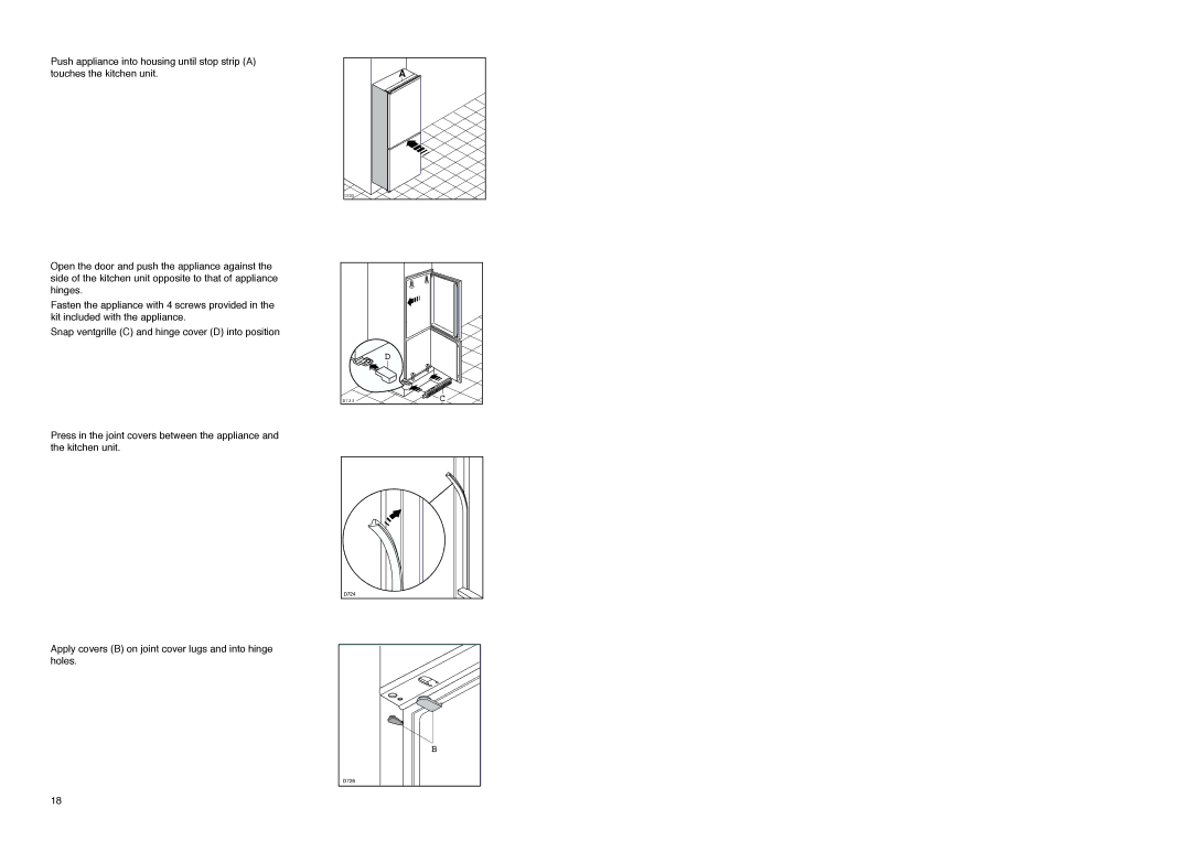 Zanussi ZI 918/12 K manual Apply covers B on joint cover lugs and into hinge holes 