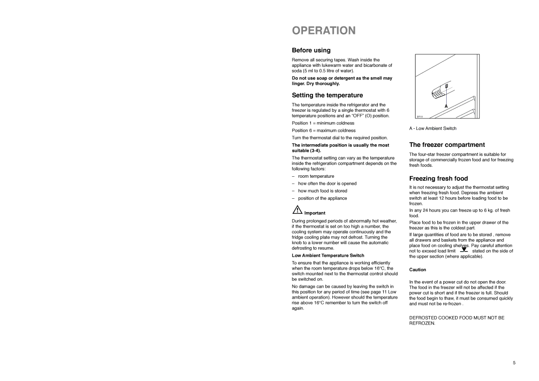 Zanussi ZI 918/12 K manual Operation, Before using, Setting the temperature, Freezer compartment, Freezing fresh food 