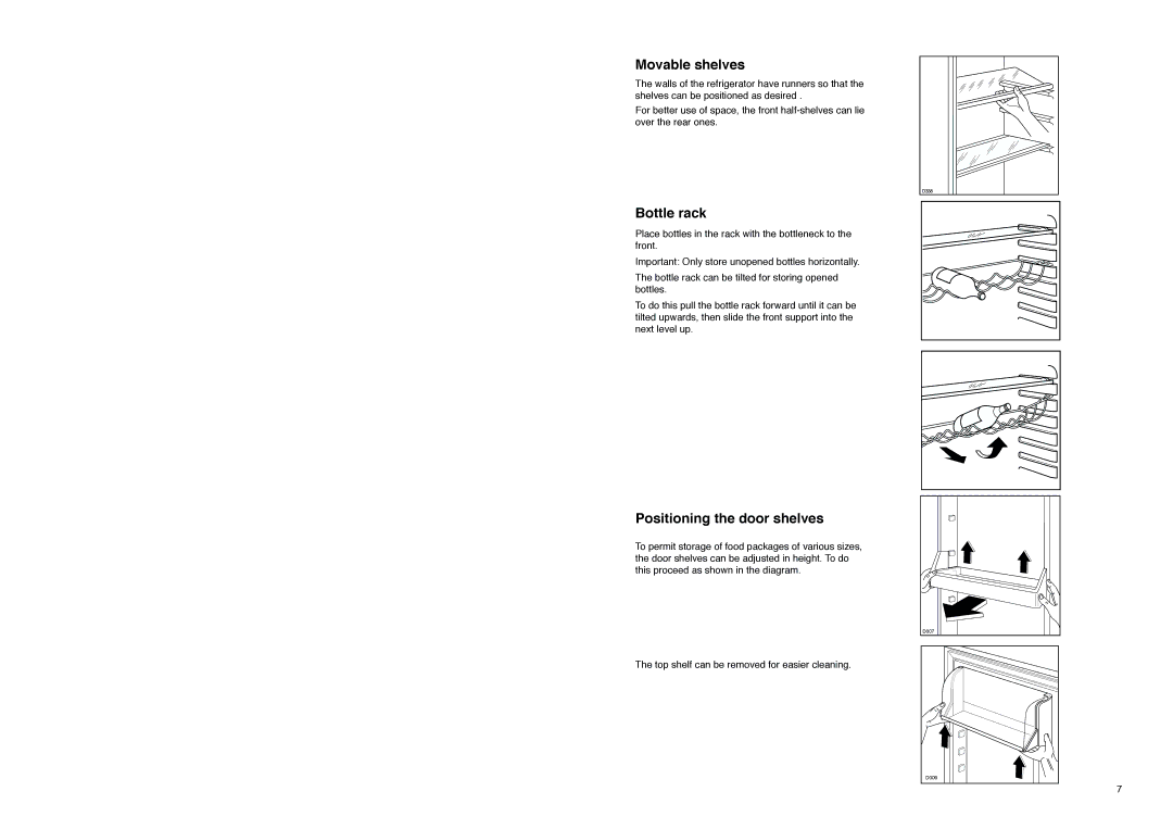 Zanussi ZI 918/12 K manual Movable shelves, Bottle rack 