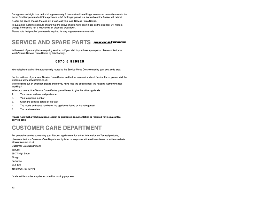 Zanussi ZI 918/12 K manual Service And Spare Parts, Customer Care Department, 0 8 7 0 5 