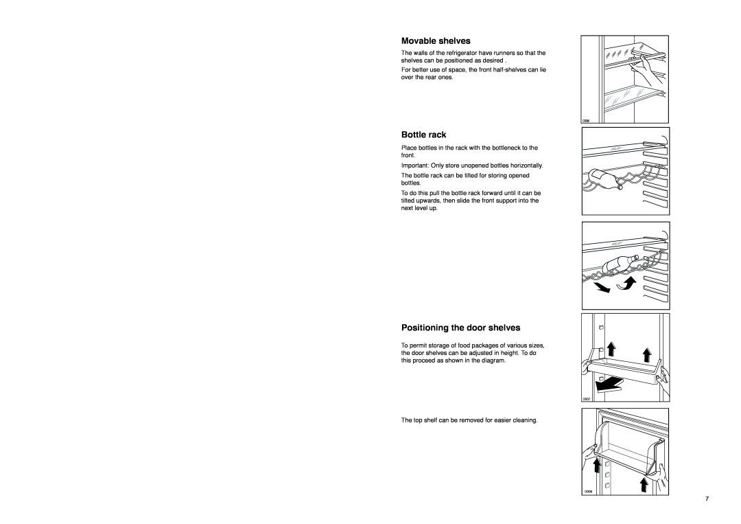 Zanussi ZI 918/12 K manual Movable shelves, Bottle rack, Positioning the door shelves 