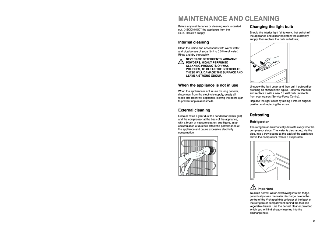 Zanussi ZI 918/12 K Maintenance And Cleaning, Internal cleaning, Changing the light bulb, When the appliance is not in use 