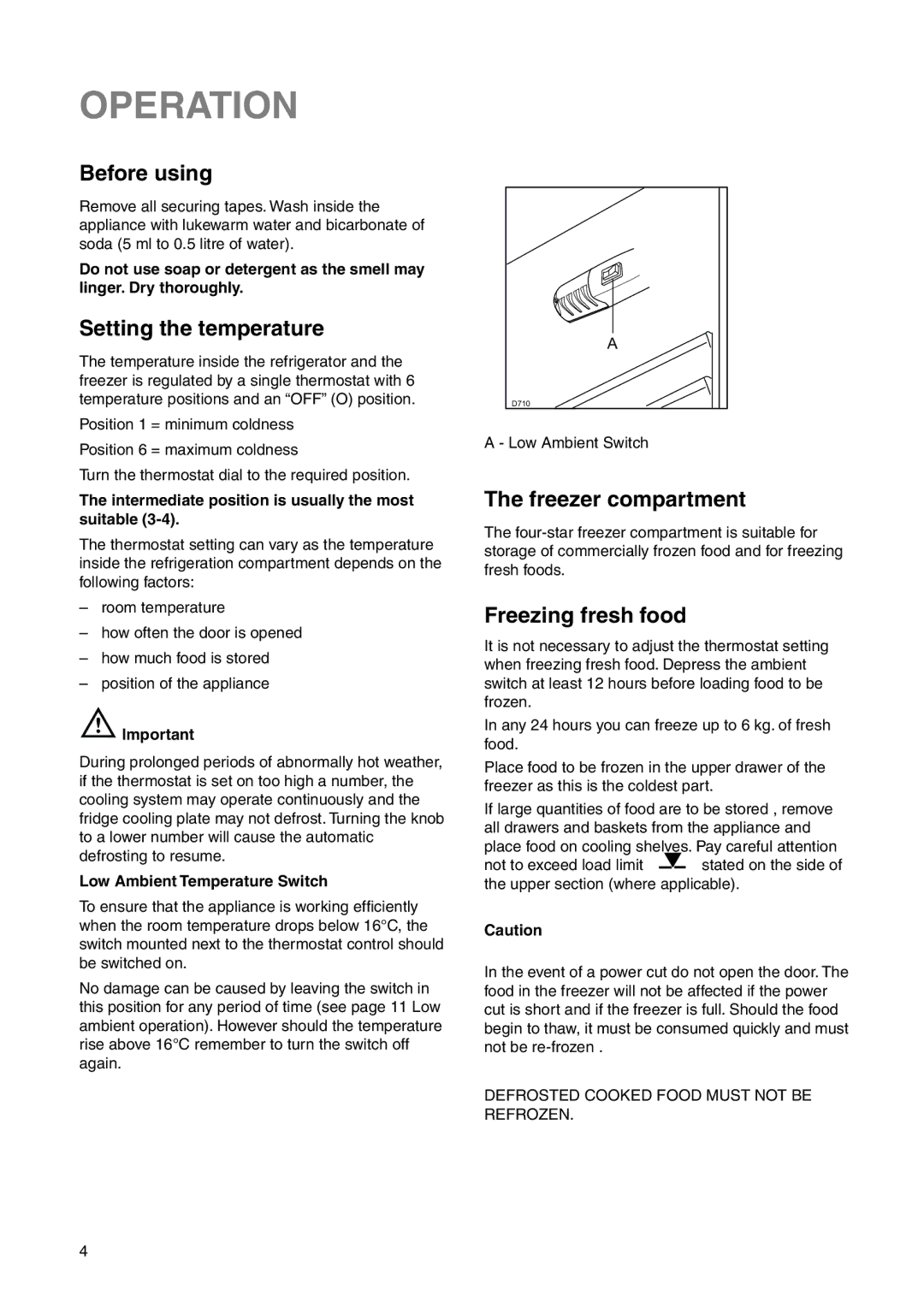 Zanussi ZI 918/12 KA manual Operation, Before using, Setting the temperature, Freezer compartment, Freezing fresh food 