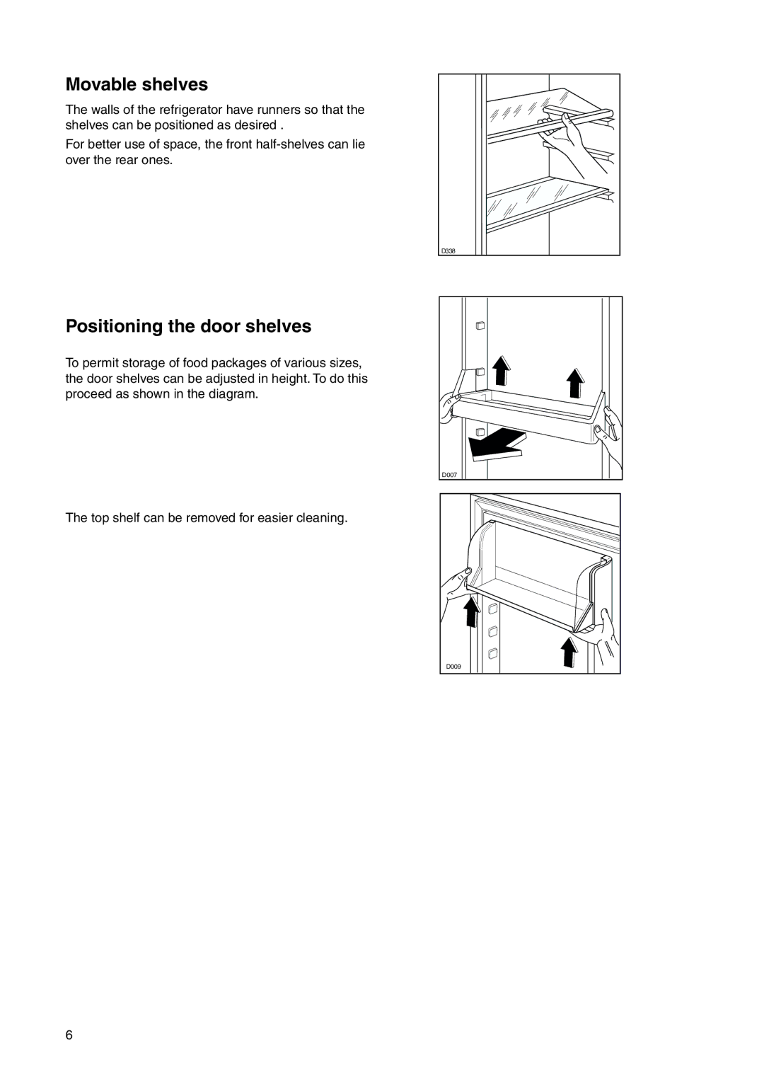 Zanussi ZI 918/12 KA manual Movable shelves, Positioning the door shelves 