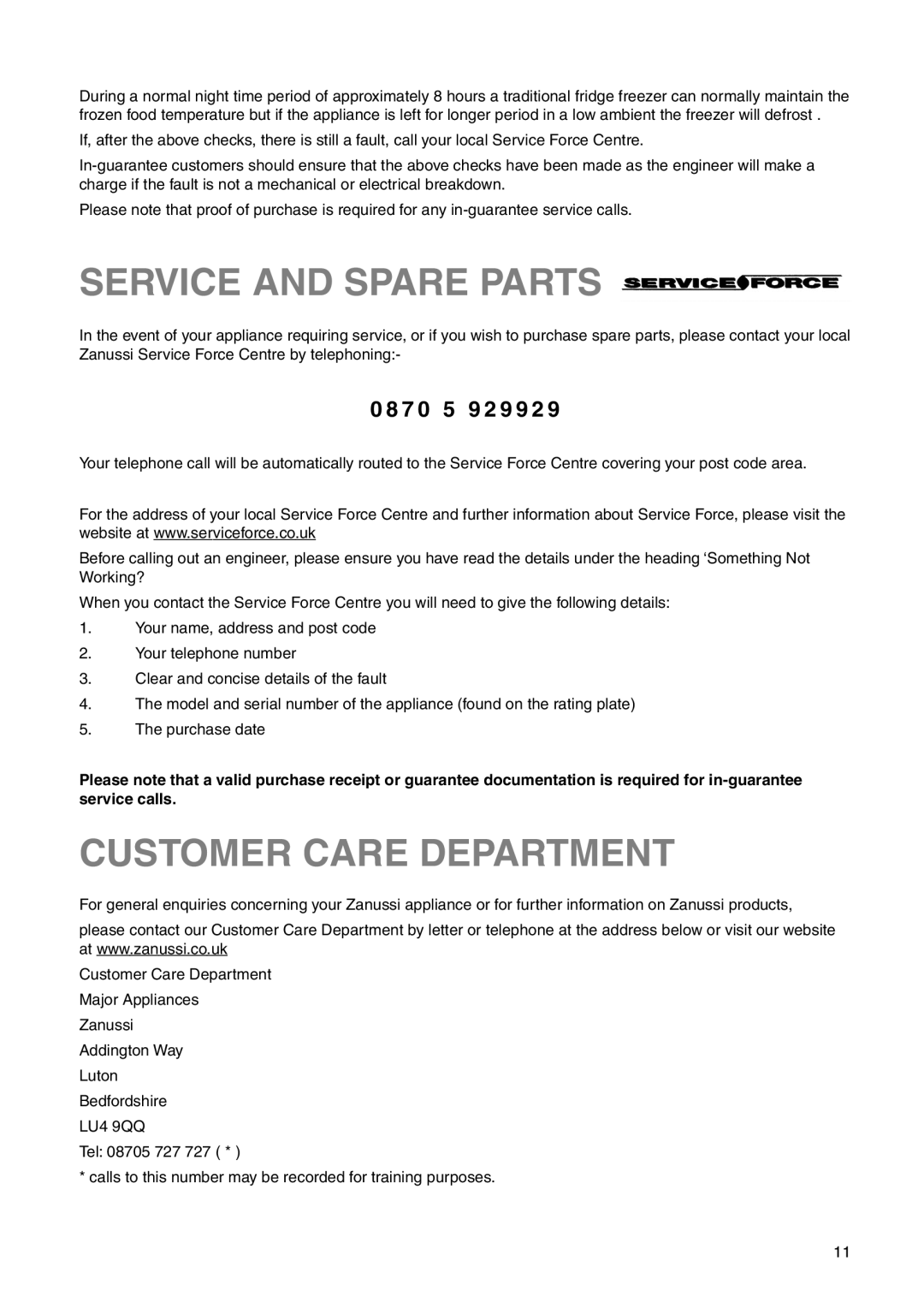 Zanussi ZI 918/12 KA manual Service And Spare Parts, Customer Care Department, 0 8 7 0 5 9 2 9 9 