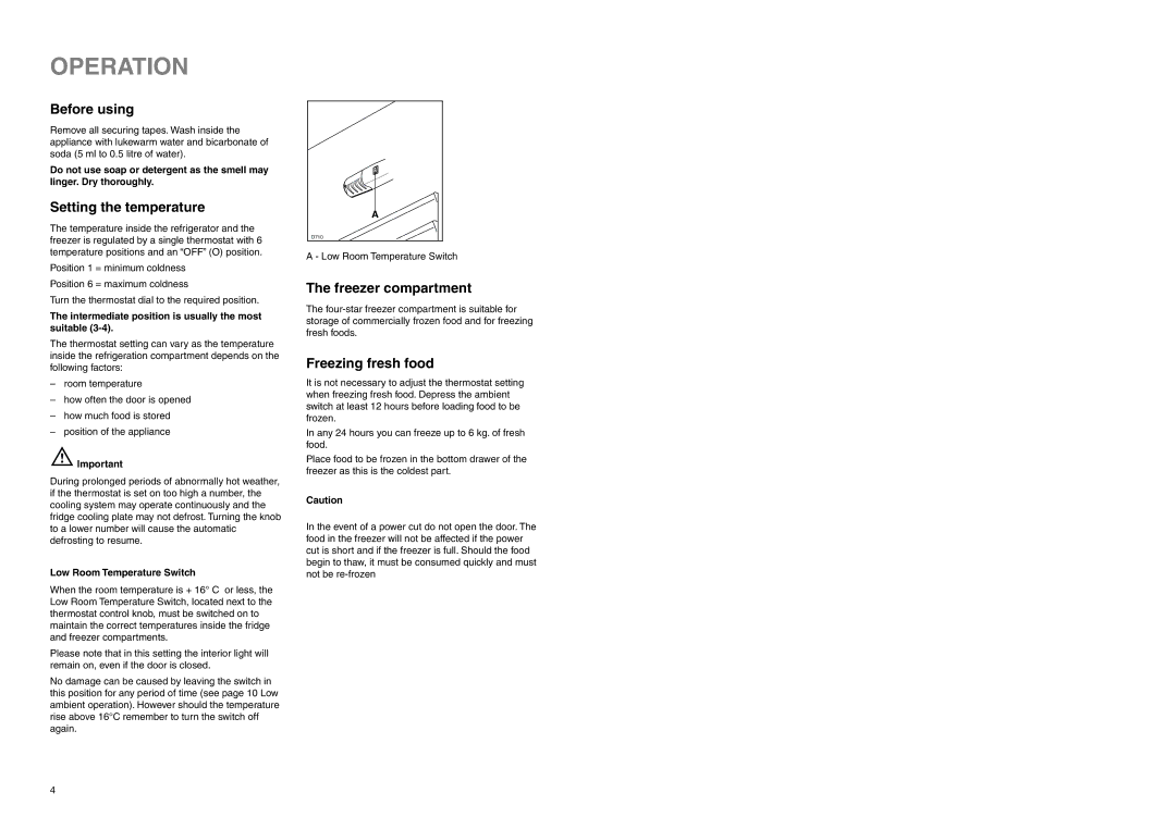 Zanussi ZI 918/8 K manual Operation, Before using, Setting the temperature, Freezer compartment, Freezing fresh food 