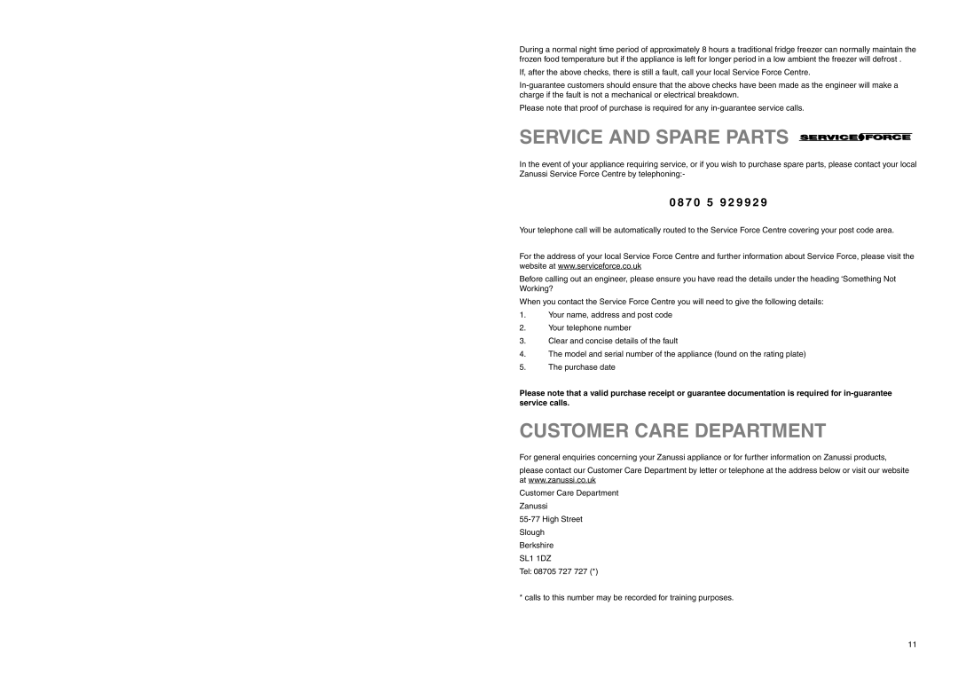 Zanussi ZI 918/8 K manual Service And Spare Parts, Customer Care Department, 0 8 7 0 5 9 2 9 9 