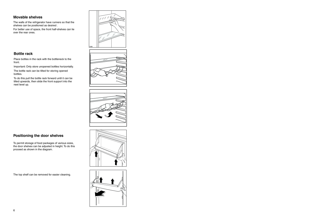 Zanussi ZI 918/8 K manual Movable shelves, Bottle rack, Positioning the door shelves 