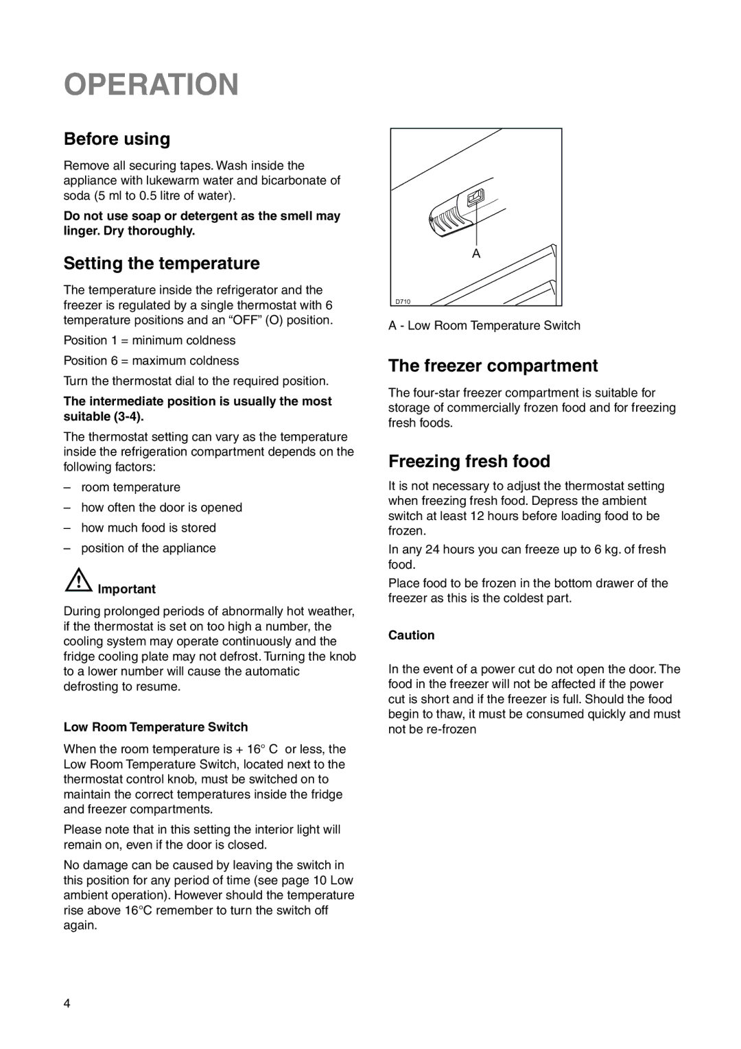 Zanussi ZI 918/8 KA manual Operation, Before using, Setting the temperature, Freezer compartment, Freezing fresh food 