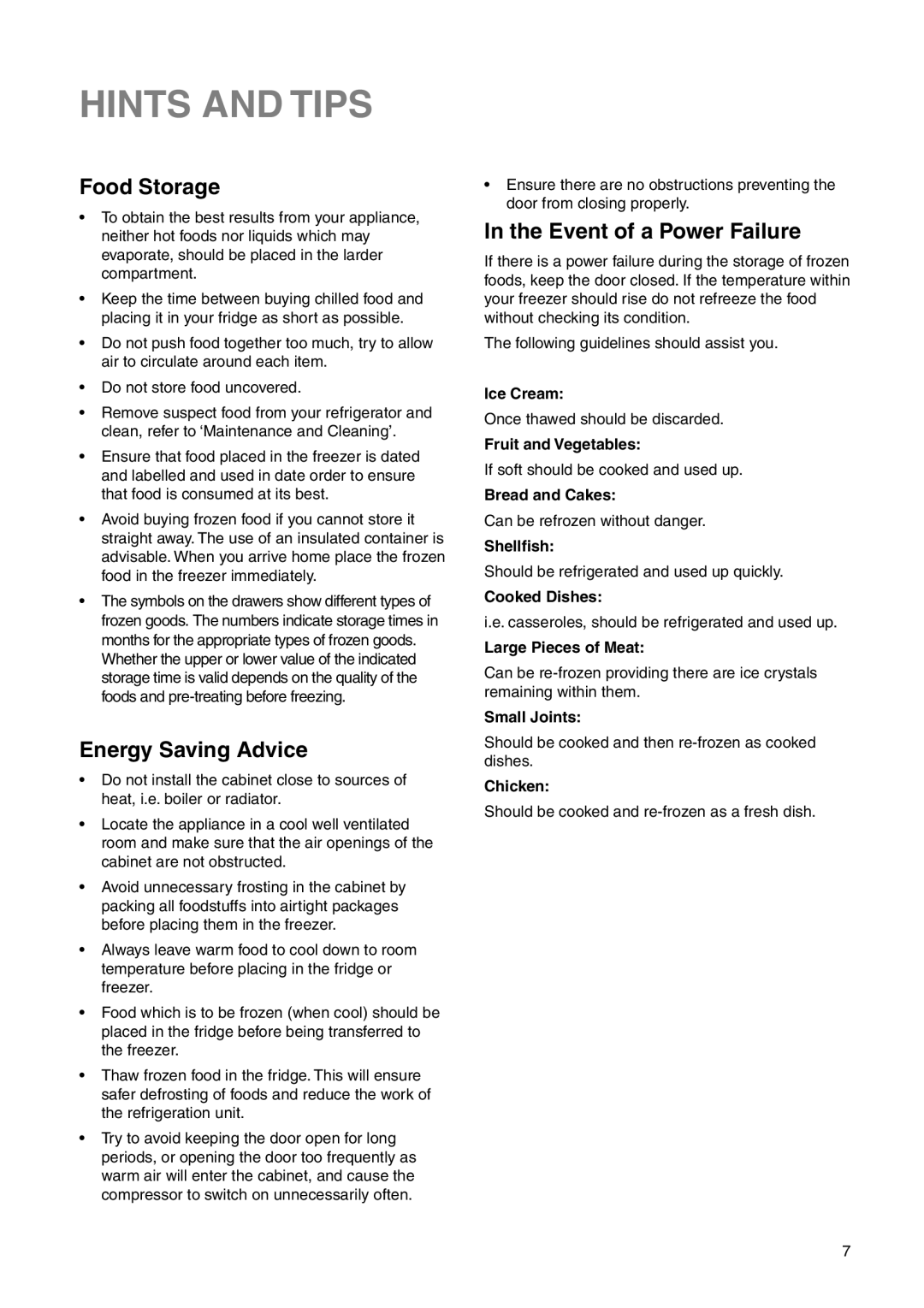 Zanussi ZI 918/8 KA manual Hints and Tips, Food Storage, Energy Saving Advice, Event of a Power Failure 