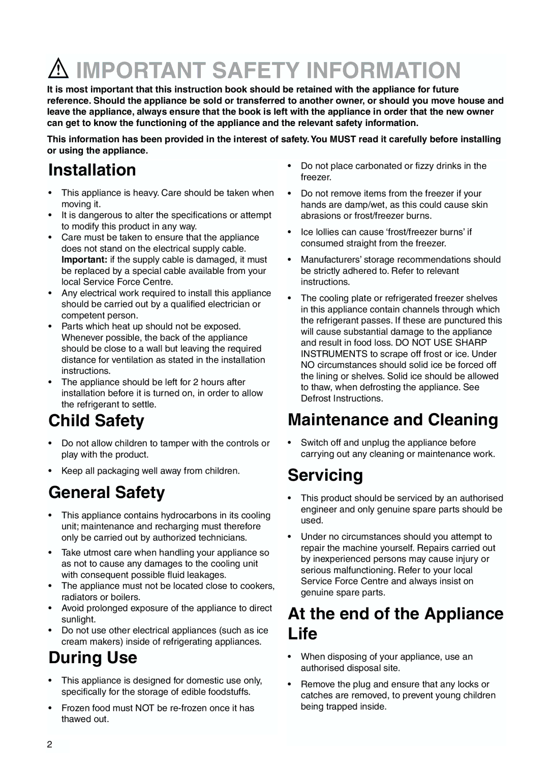 Zanussi ZI 918/9 FFA manual Important Safety Information 