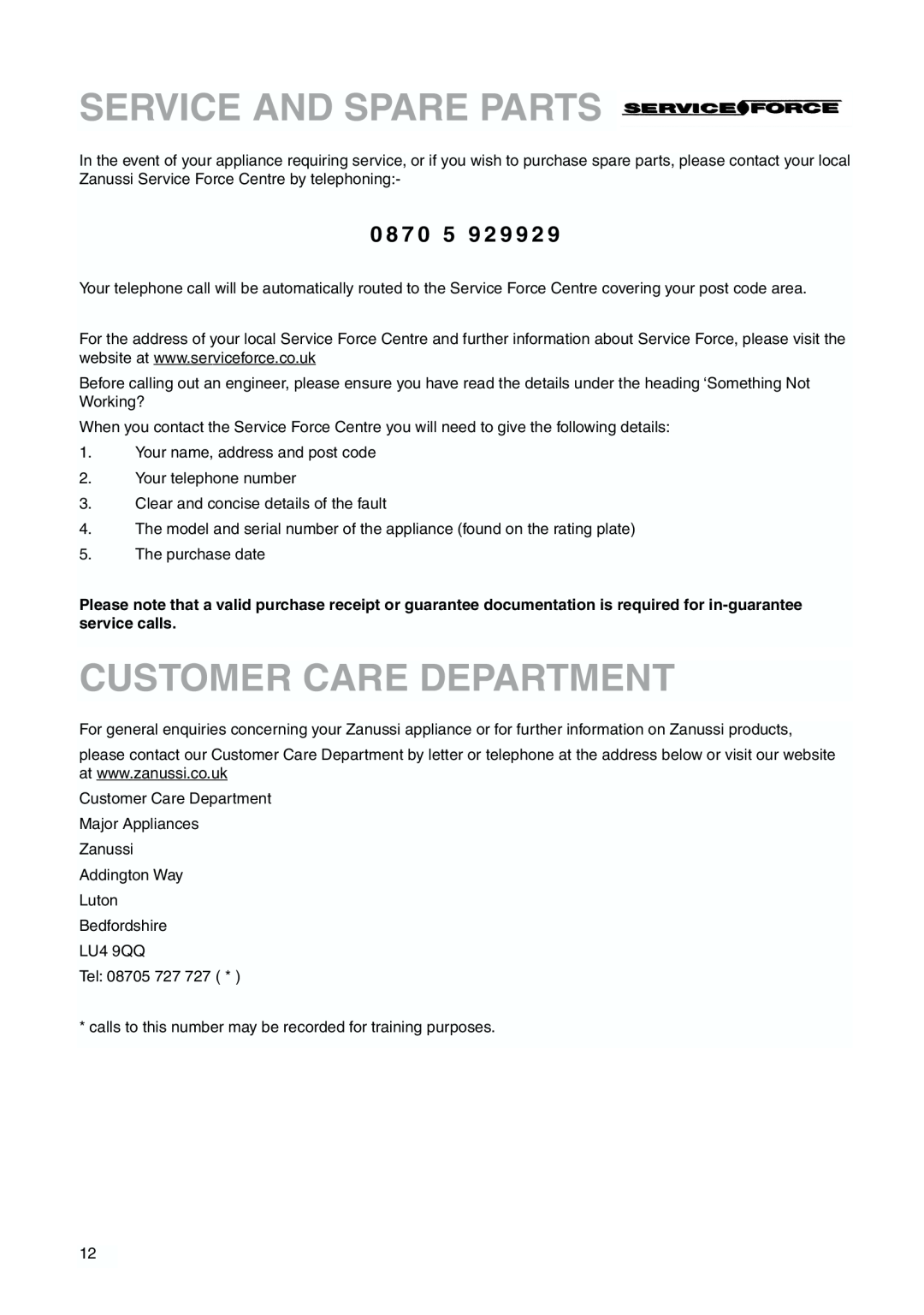 Zanussi ZI 918/9 FFA manual Service And Spare Parts, Customer Care Department, 0 8 7 0 5 9 2 9 9 