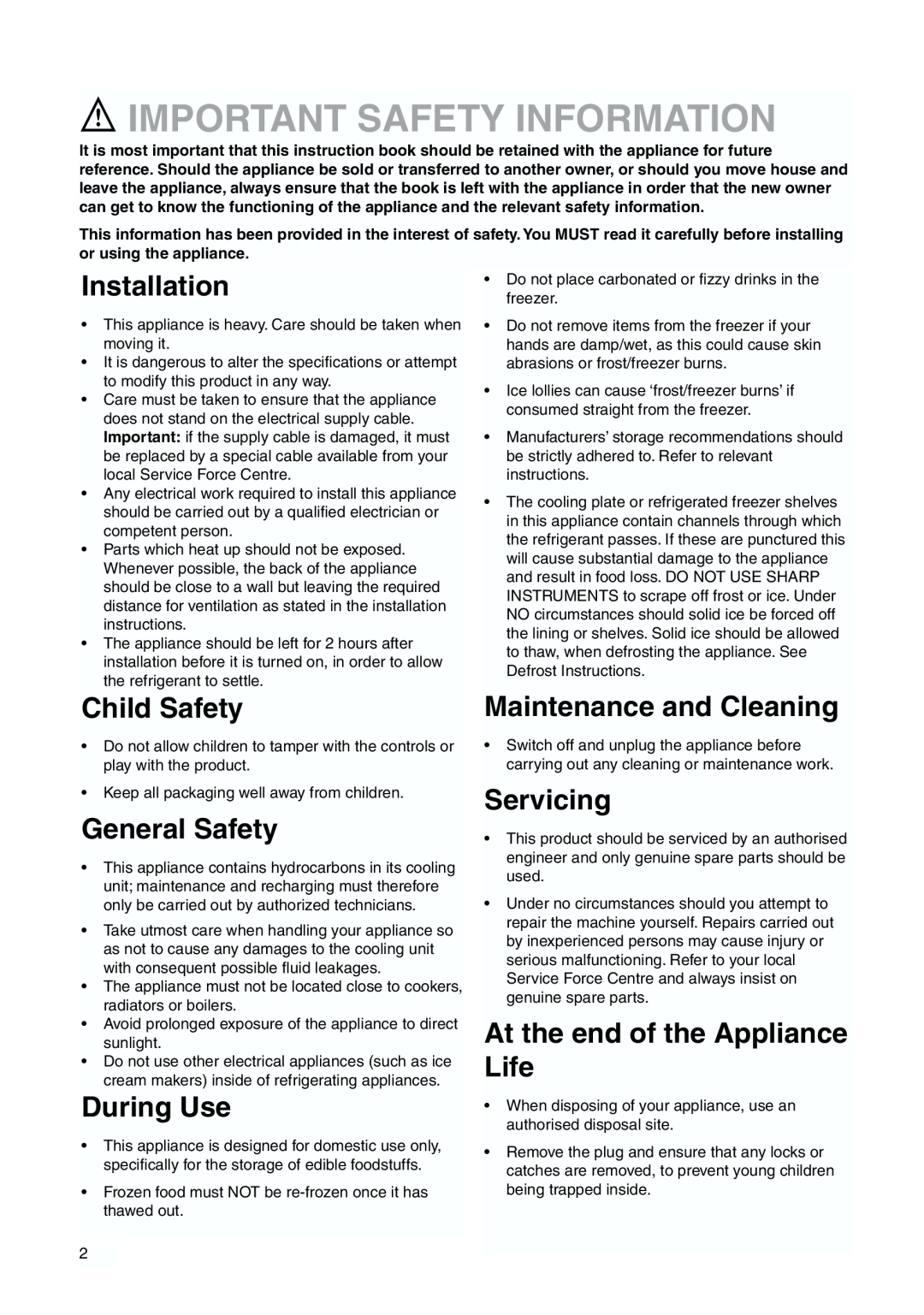 Zanussi ZI 918/9 FFA manual Important Safety Information, Installation, Child Safety, General Safety, During Use, Servicing 