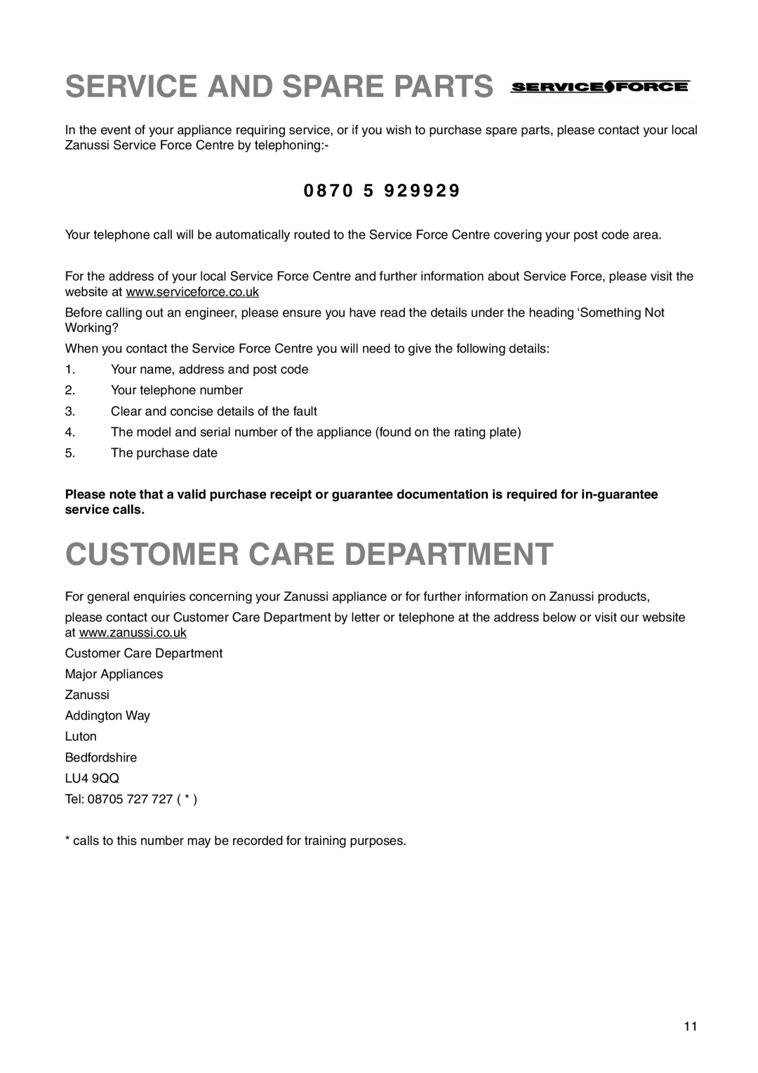 Zanussi ZI 920/9 KA manual Service And Spare Parts, Customer Care Department, 0 8 7 0 5 9 2 9 