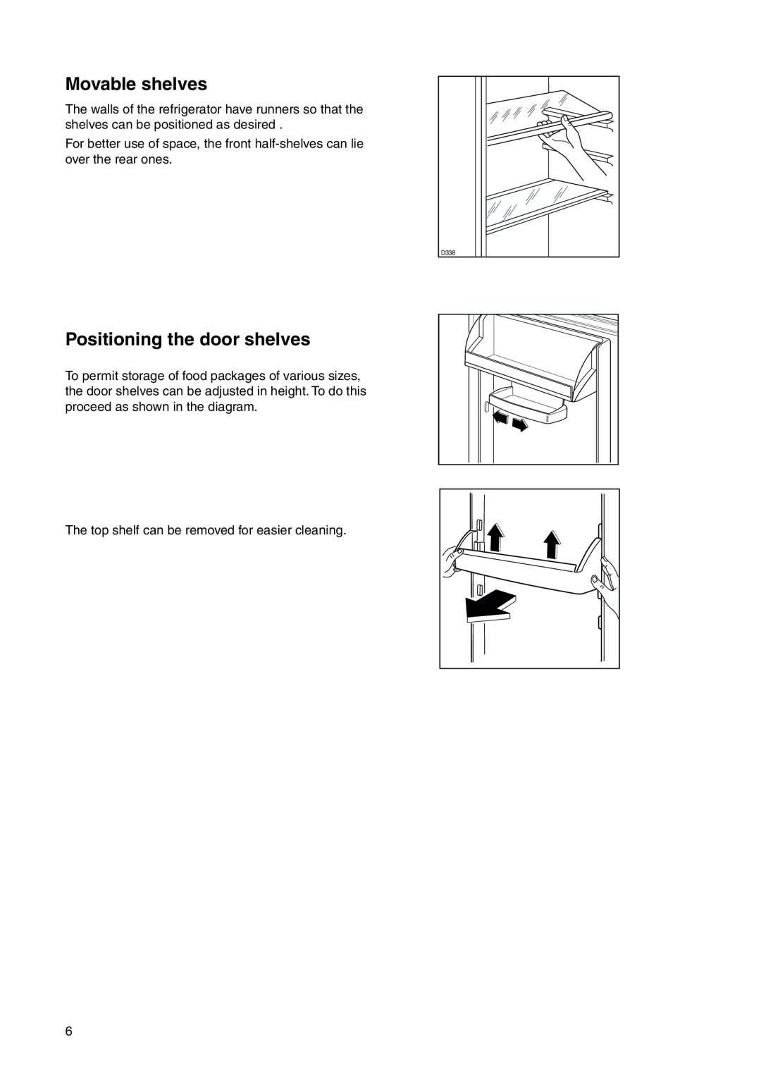 Zanussi ZI 920/9 KA manual Movable shelves, Positioning the door shelves 