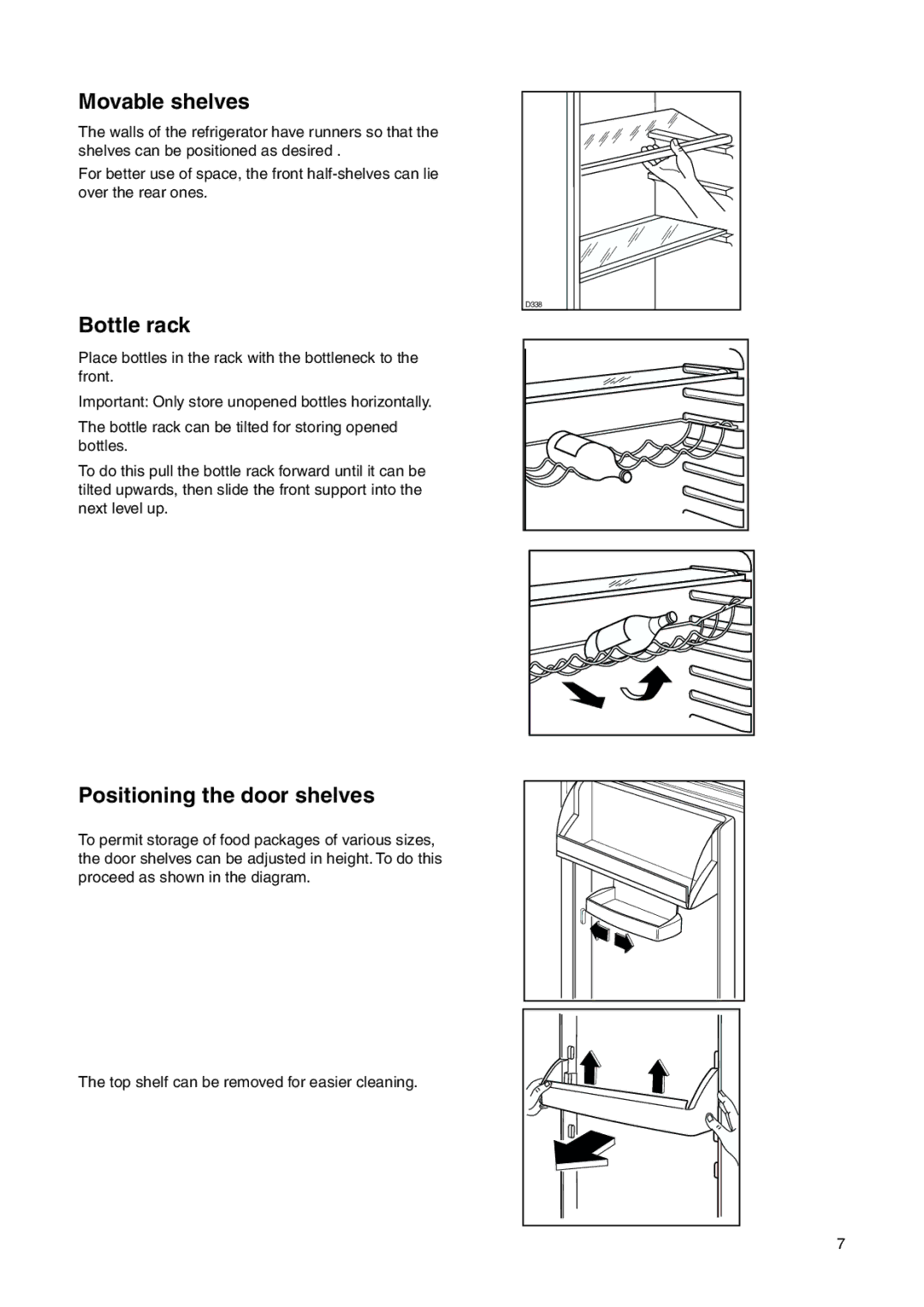 Zanussi ZI 921/8 FF manual Movable shelves, Bottle rack, Positioning the door shelves 