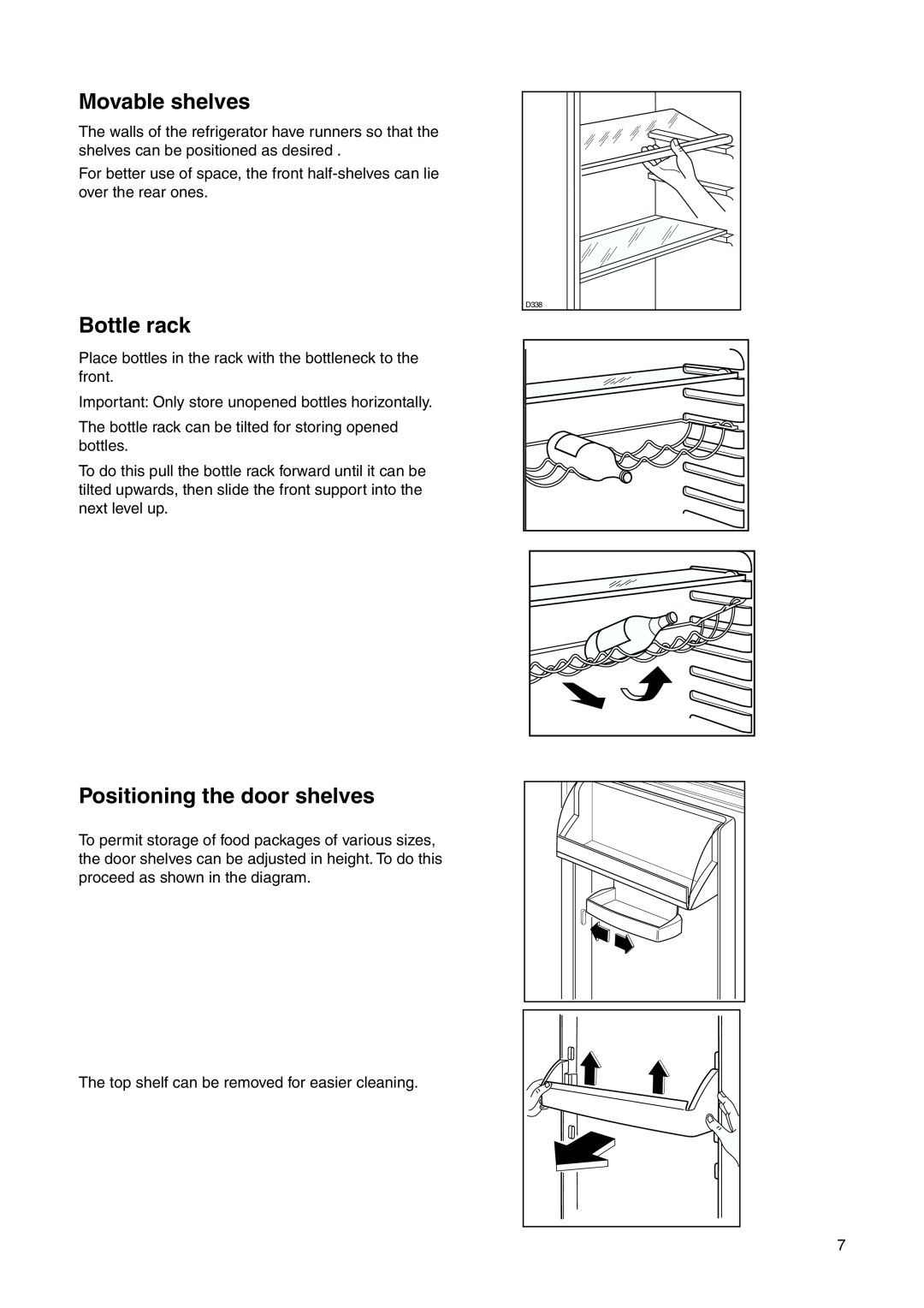 Zanussi ZI 921/8 FF manual Movable shelves, Bottle rack, Positioning the door shelves 