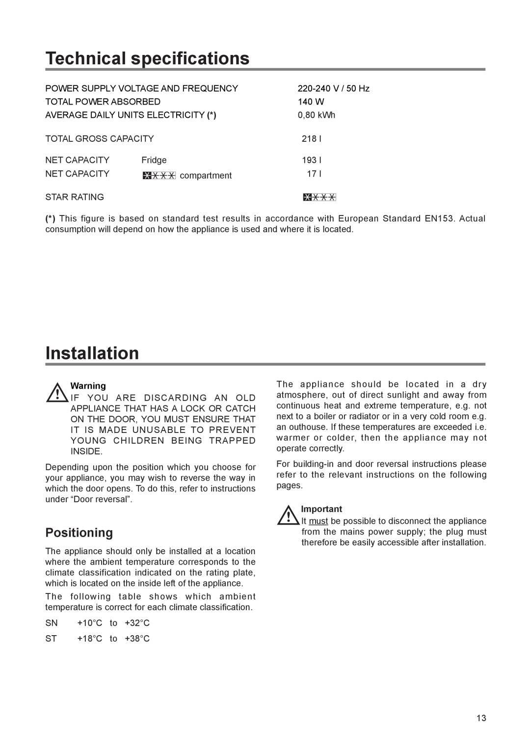 Zanussi ZI 9224 manual Technical specifications, Installation, Positioning 