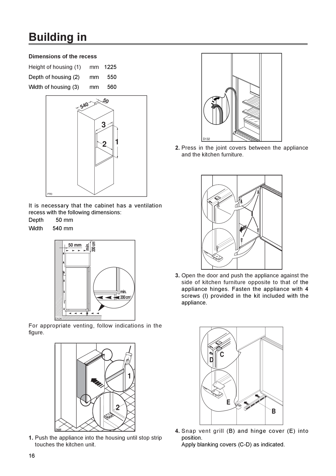 Zanussi ZI 9224 manual Building in, Dimensions of the recess 