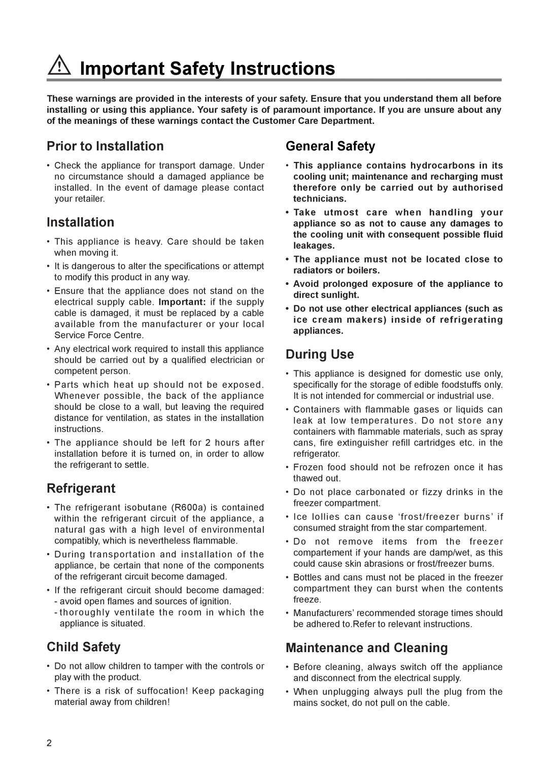 Zanussi ZI 9224 manual Important Safety Instructions, Prior to Installation, Refrigerant, General Safety, During Use 