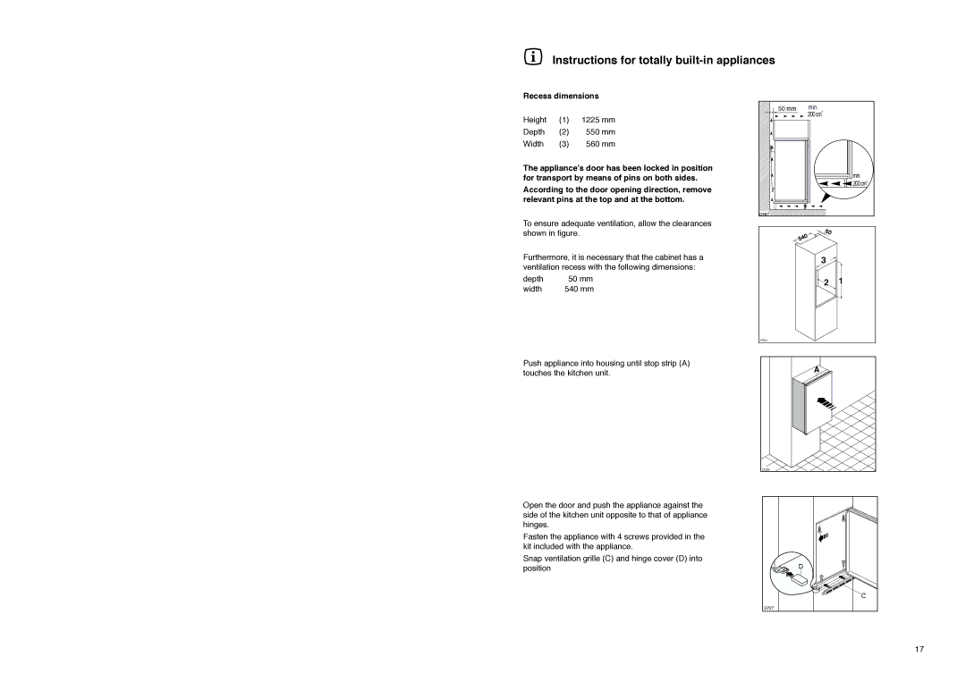 Zanussi ZI 9234 manual Instructions for totally built-in appliances, Recess dimensions 