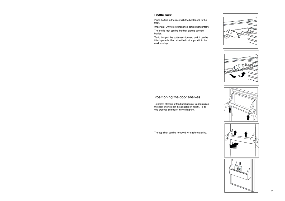 Zanussi ZI 9234 manual Bottle rack, Positioning the door shelves 