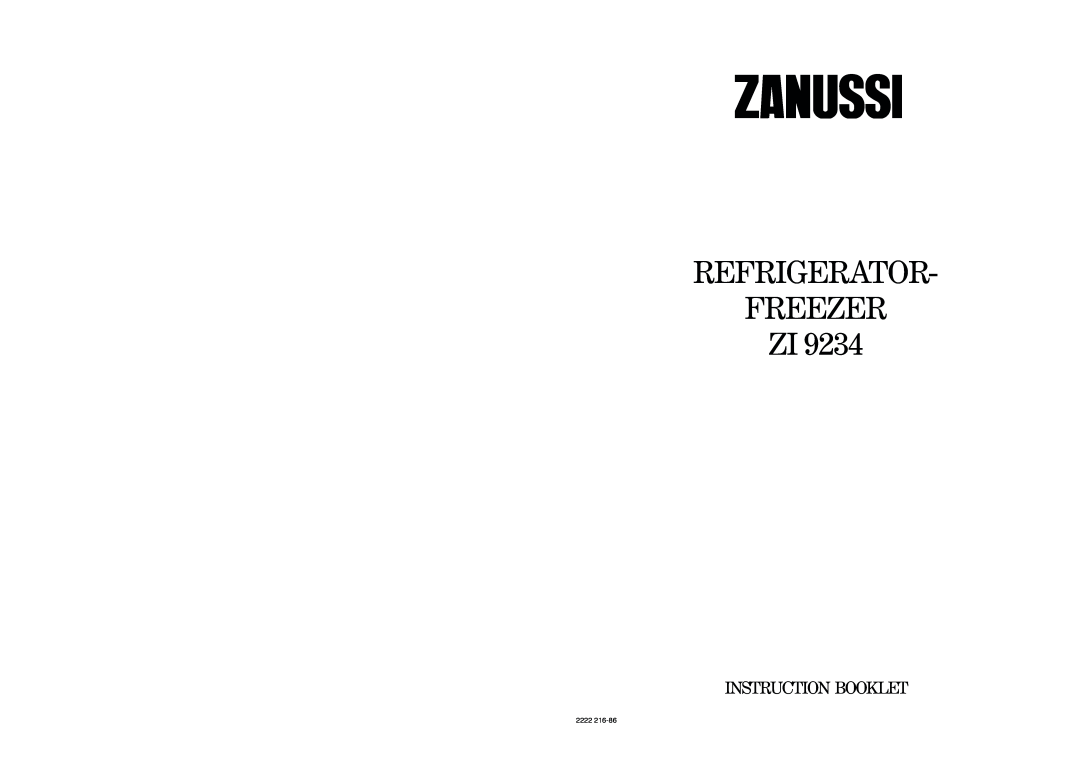 Zanussi ZI 9234 manual Refrigerator Freezer Zi, Instruction Booklet, 2222 