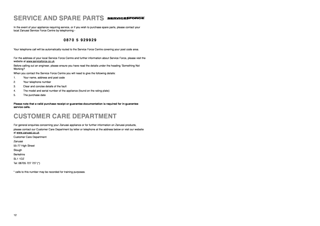 Zanussi ZI 9234 manual Service And Spare Parts, Customer Care Department, 0 8 7 0 5 9 2 9 9 2 