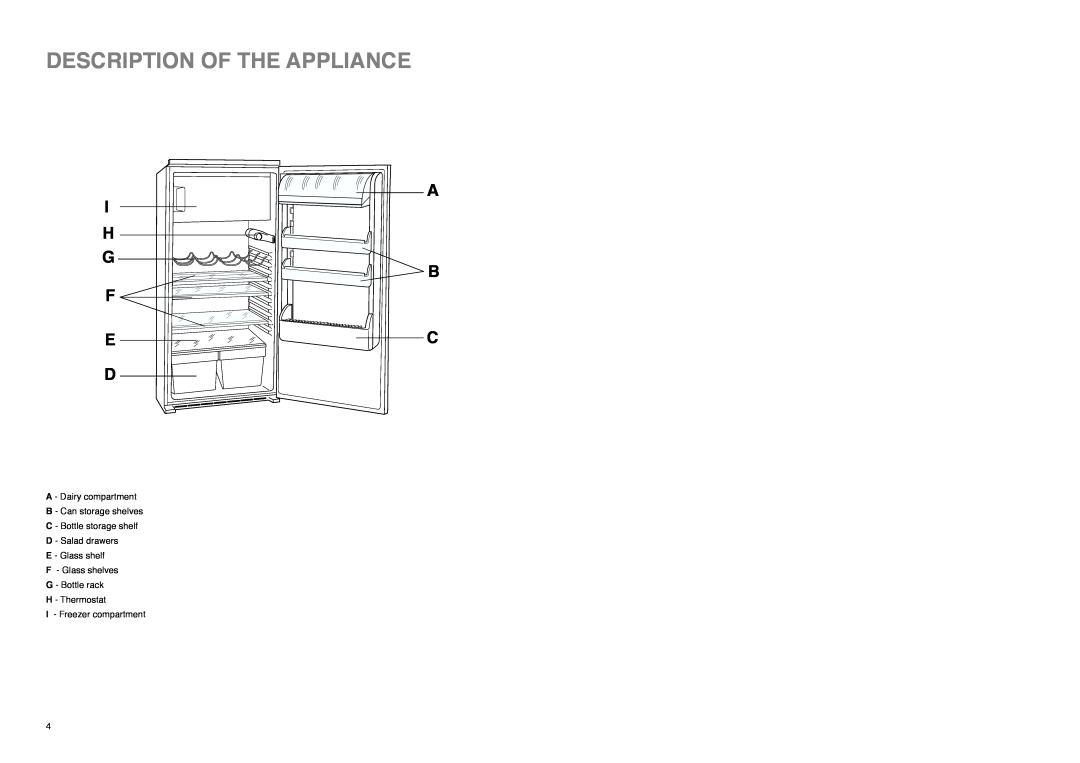 Zanussi ZI 9234 manual Description Of The Appliance, A I H G B F E C D 