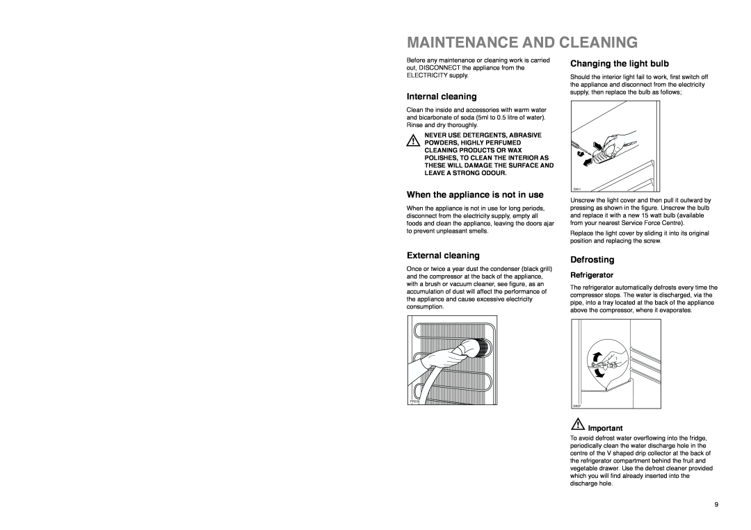 Zanussi ZI 9234 Maintenance And Cleaning, Internal cleaning, When the appliance is not in use, Changing the light bulb 