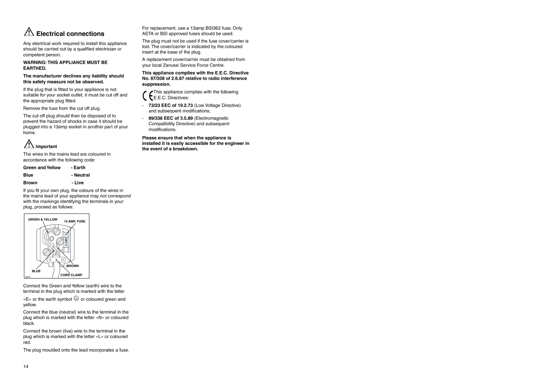 Zanussi ZI 9310 DIS manual Electrical connections, Green and Yellow Earth Blue- Neutral Brown- Live 