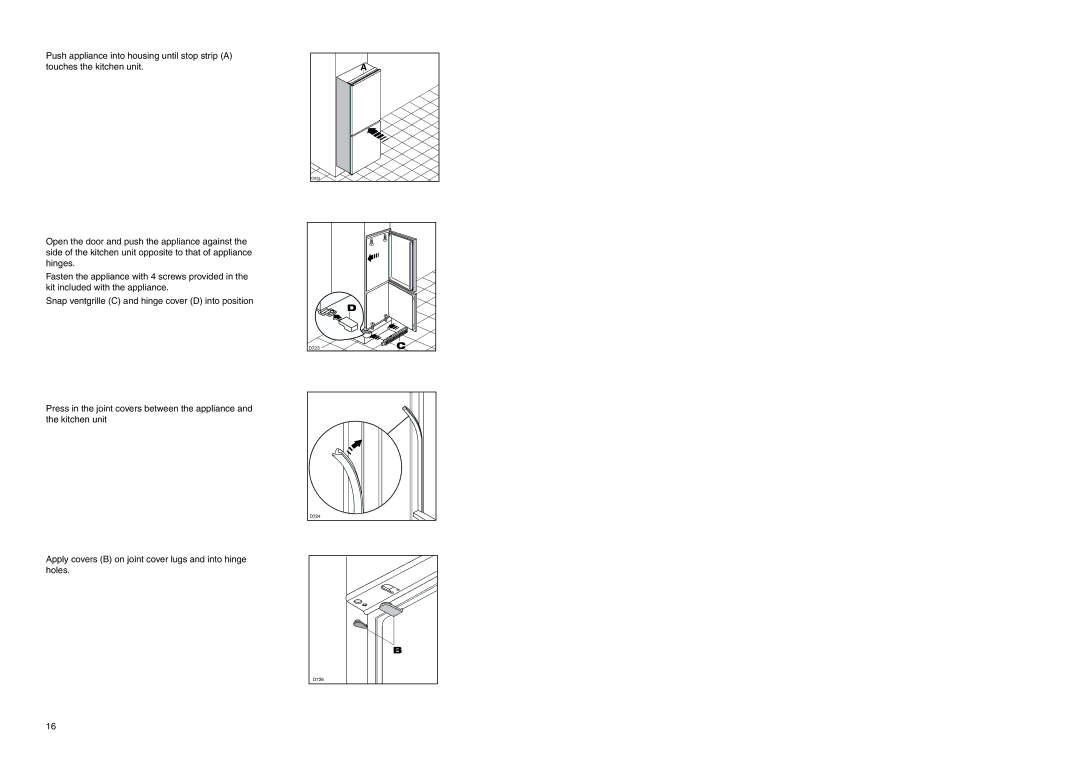 Zanussi ZI 9310 DIS manual Apply covers B on joint cover lugs and into hinge holes 