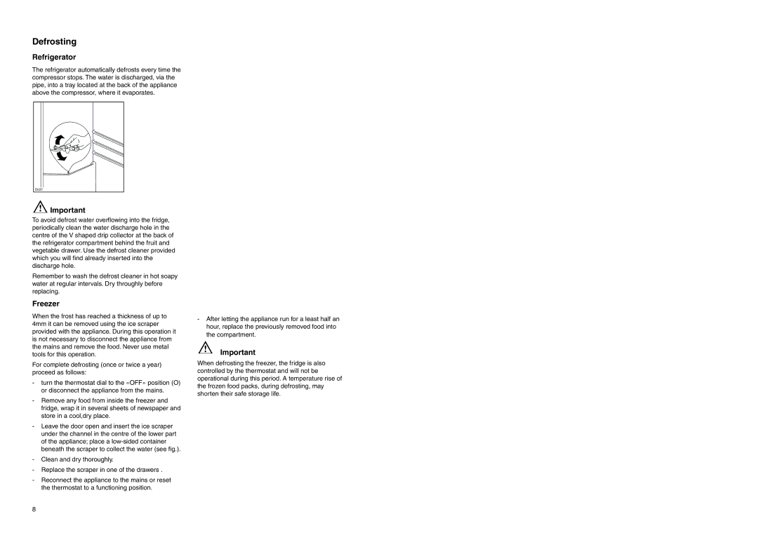 Zanussi ZI 9310 DIS manual Defrosting, Refrigerator 