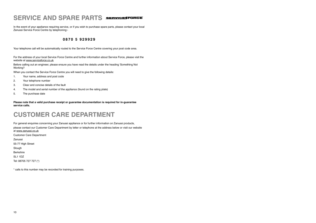 Zanussi ZI 9310 DIS manual Service And Spare Parts, Customer Care Department, 0 8 7 0 5 9 