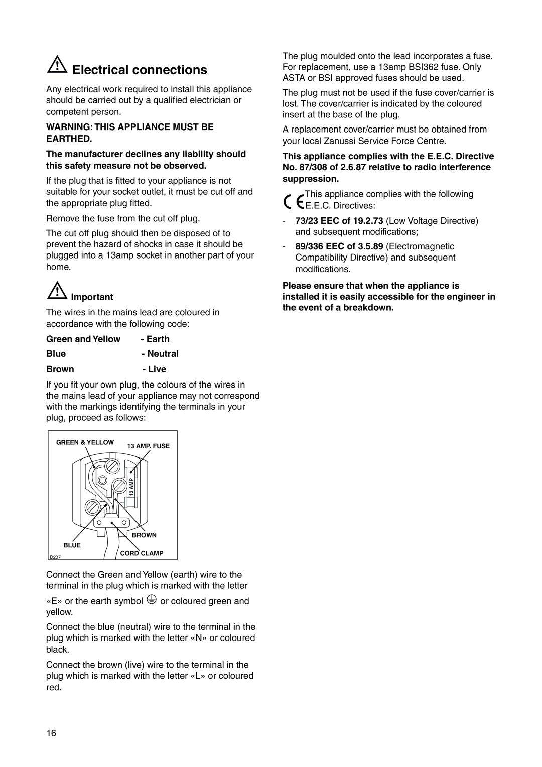 Zanussi ZI 9454 X manual Electrical connections, Green and Yellow Earth Blue- Neutral Brown- Live 