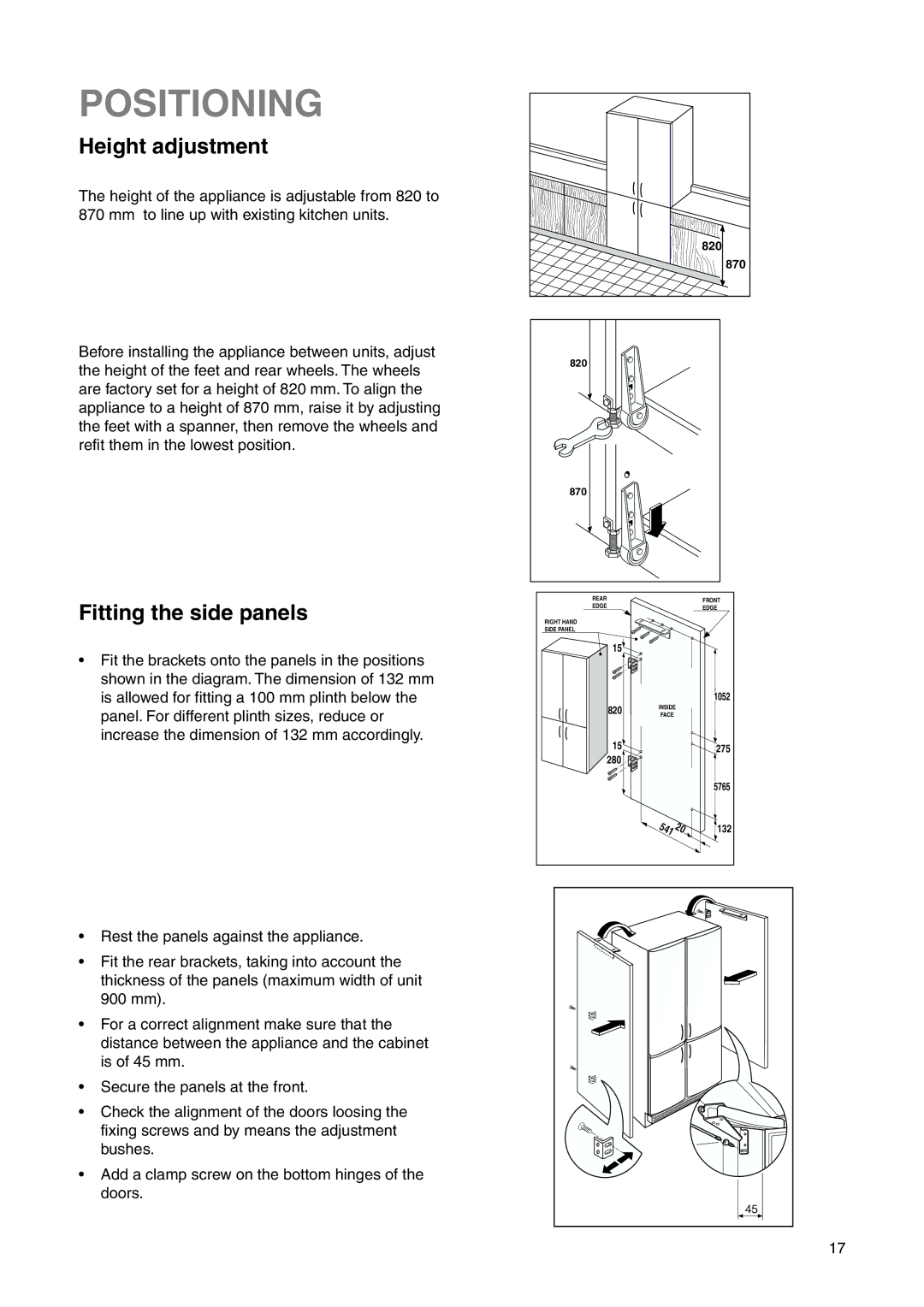 Zanussi ZI 9454 X manual Positioning, Height adjustment, Fitting the side panels 