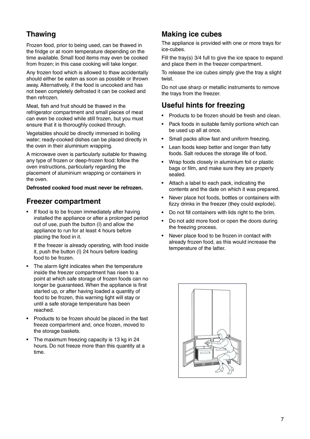 Zanussi ZI 9454 X manual Thawing, Freezer compartment, Making ice cubes, Useful hints for freezing 