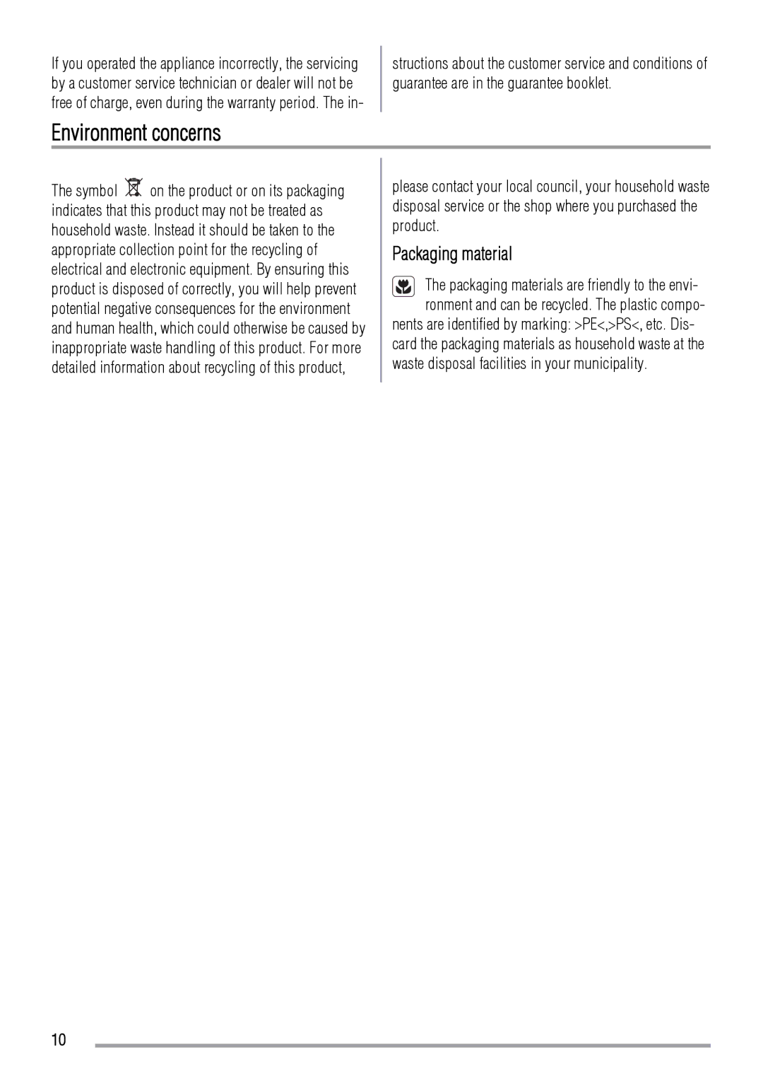 Zanussi ZIE6004F user manual Environment concerns, Packaging material 