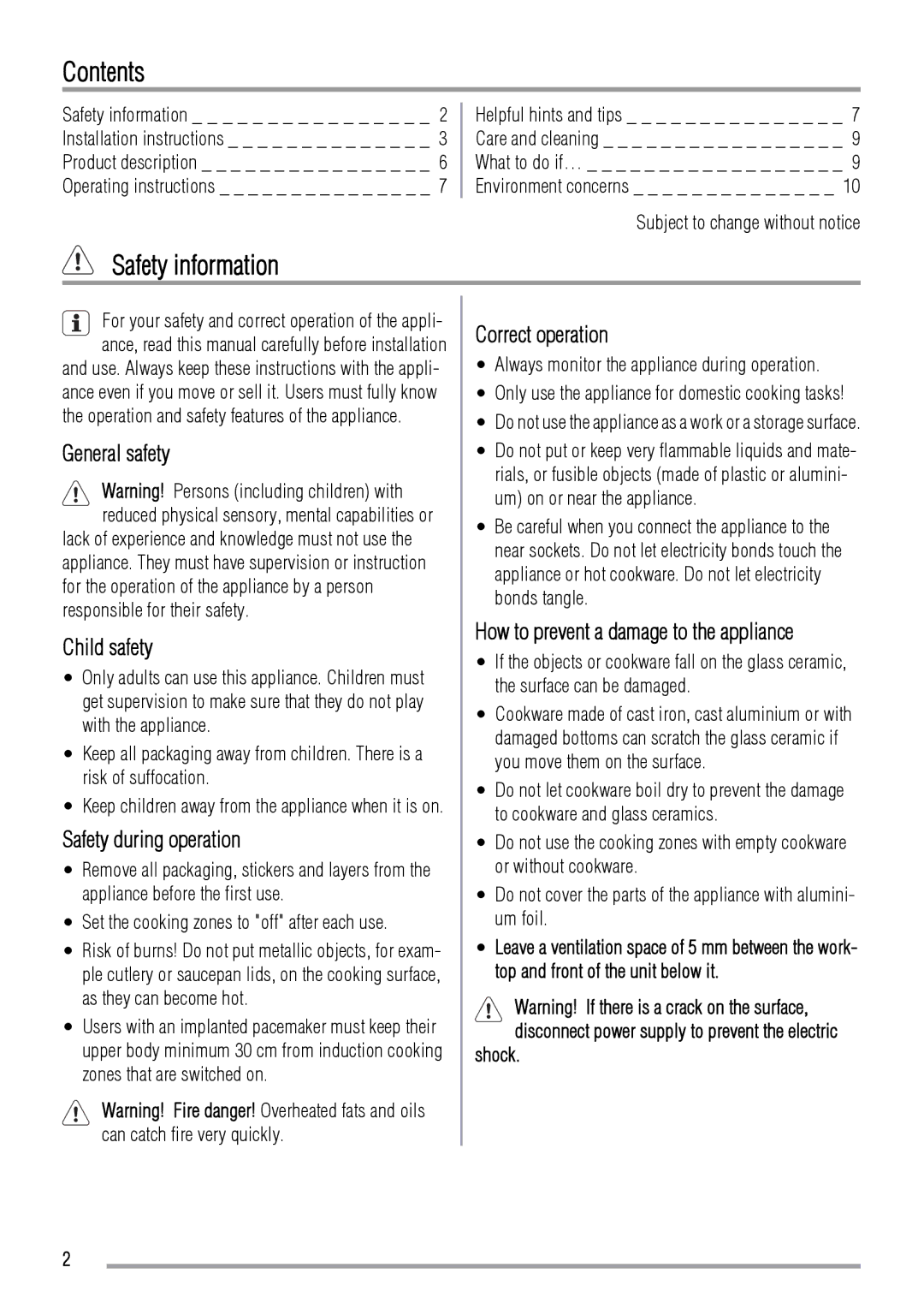 Zanussi ZIE6004F user manual Contents, Safety information 