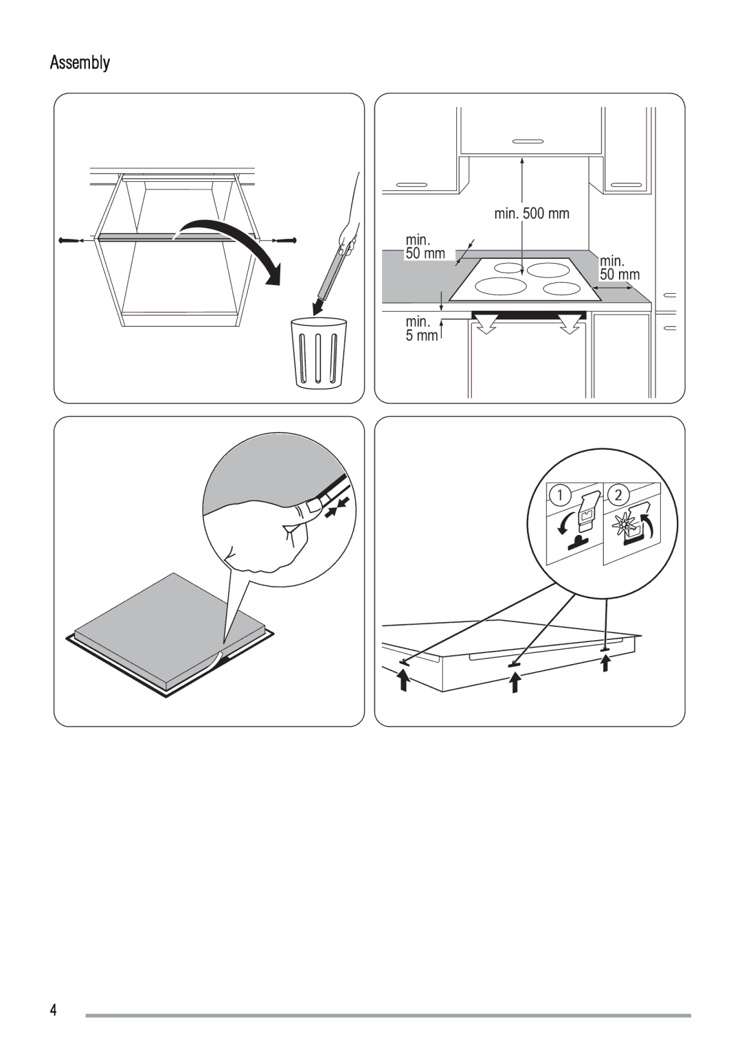 Zanussi ZIE6004F user manual Assembly, Min mm 50 mm 