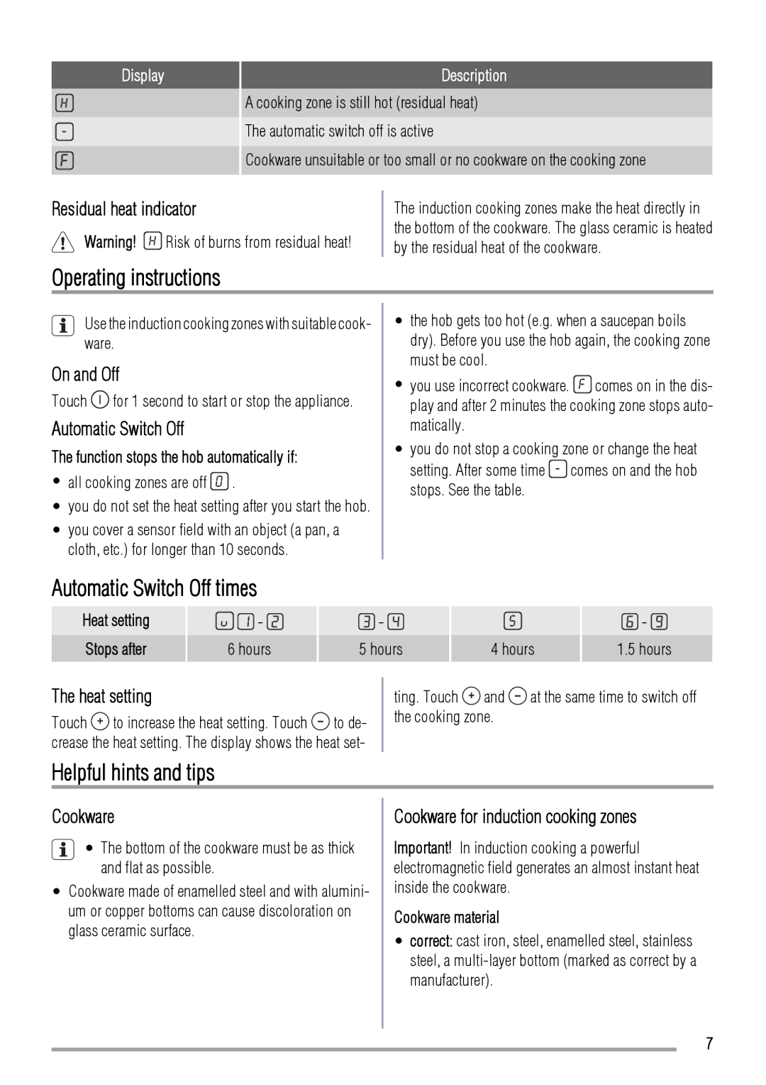 Zanussi ZIE6004F user manual Operating instructions, Automatic Switch Off times, Helpful hints and tips 