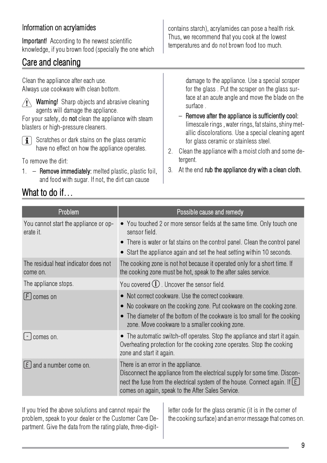 Zanussi ZIE6004F Care and cleaning, What to do if…, Information on acrylamides, Problem, Possible cause and remedy 