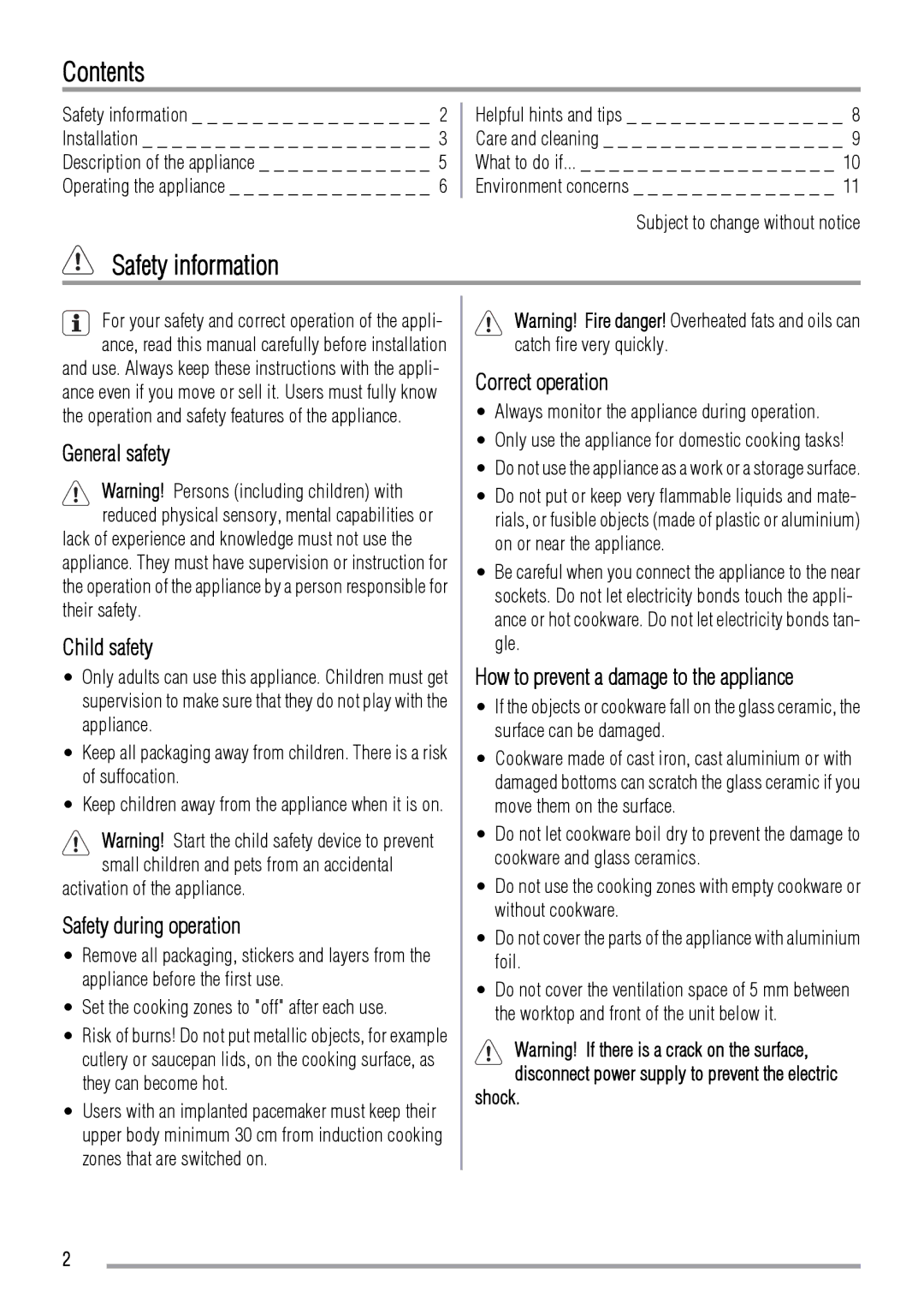 Zanussi ZIT64X manual Contents, Safety information 