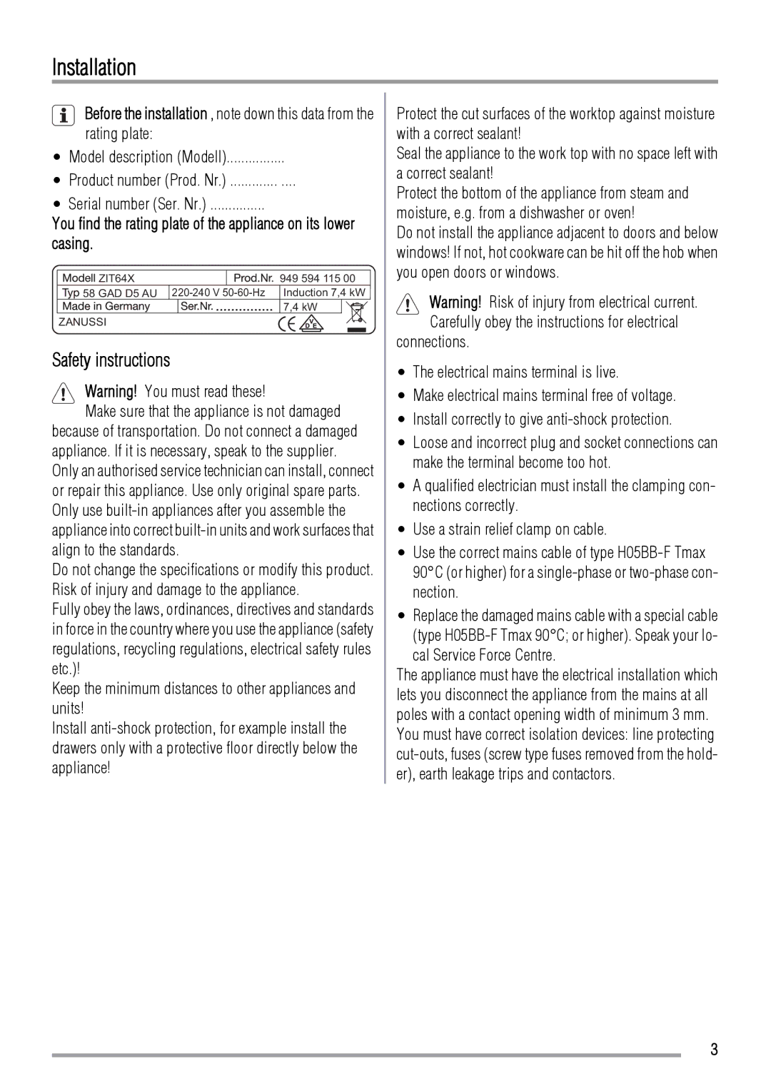 Zanussi ZIT64X manual Installation, Safety instructions 