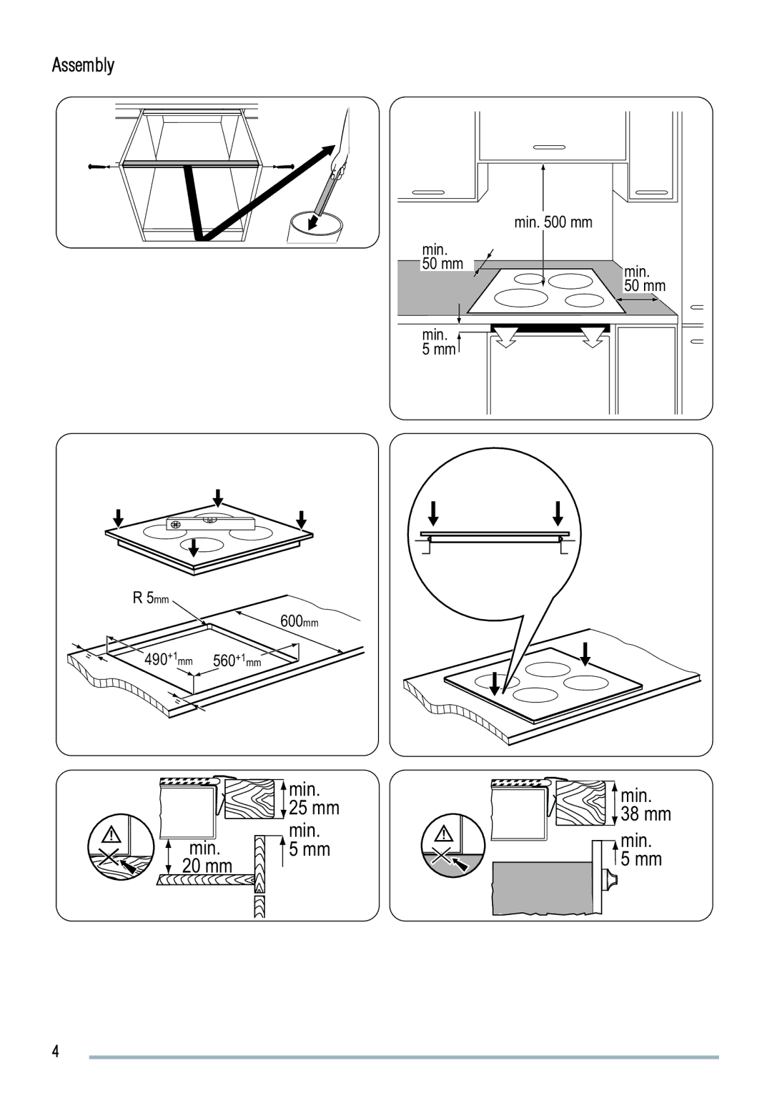 Zanussi ZIT64X manual Assembly, 600mm 490+1mm 560+1mm, Min mm, Min 50 mm 