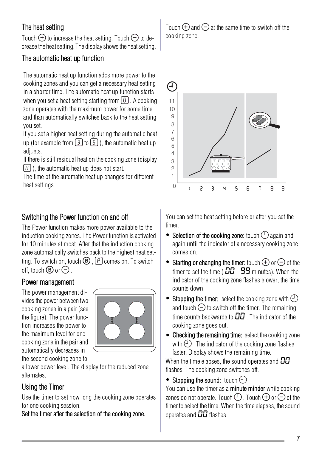 Zanussi ZIT64X manual Heat setting, Automatic heat up function, Power management, Using the Timer 