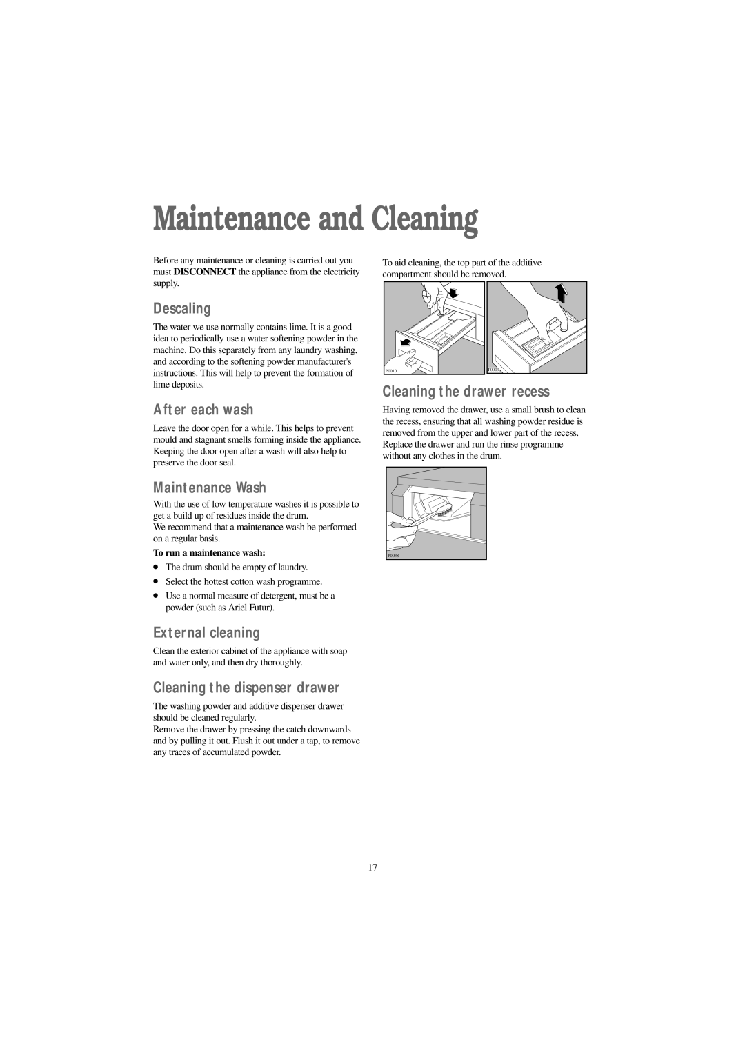 Zanussi ZJ 1217 manual Maintenance and Cleaning 